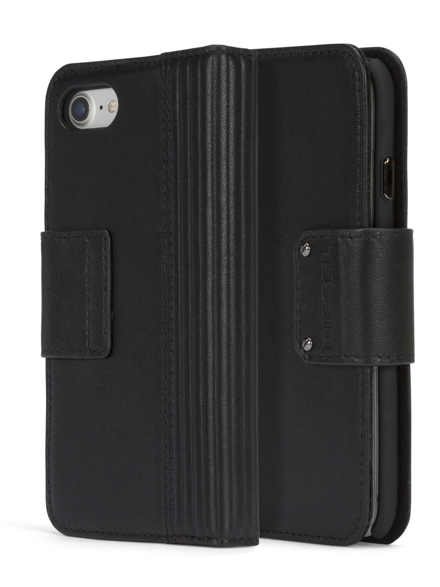 Diesel - BLACK LINED LEATHER IPHONE 8 PLUS/7 PLUS FOLIO, Unisex's Black leather folio, iPhone 8 Plus/7 Plus in Black - 3