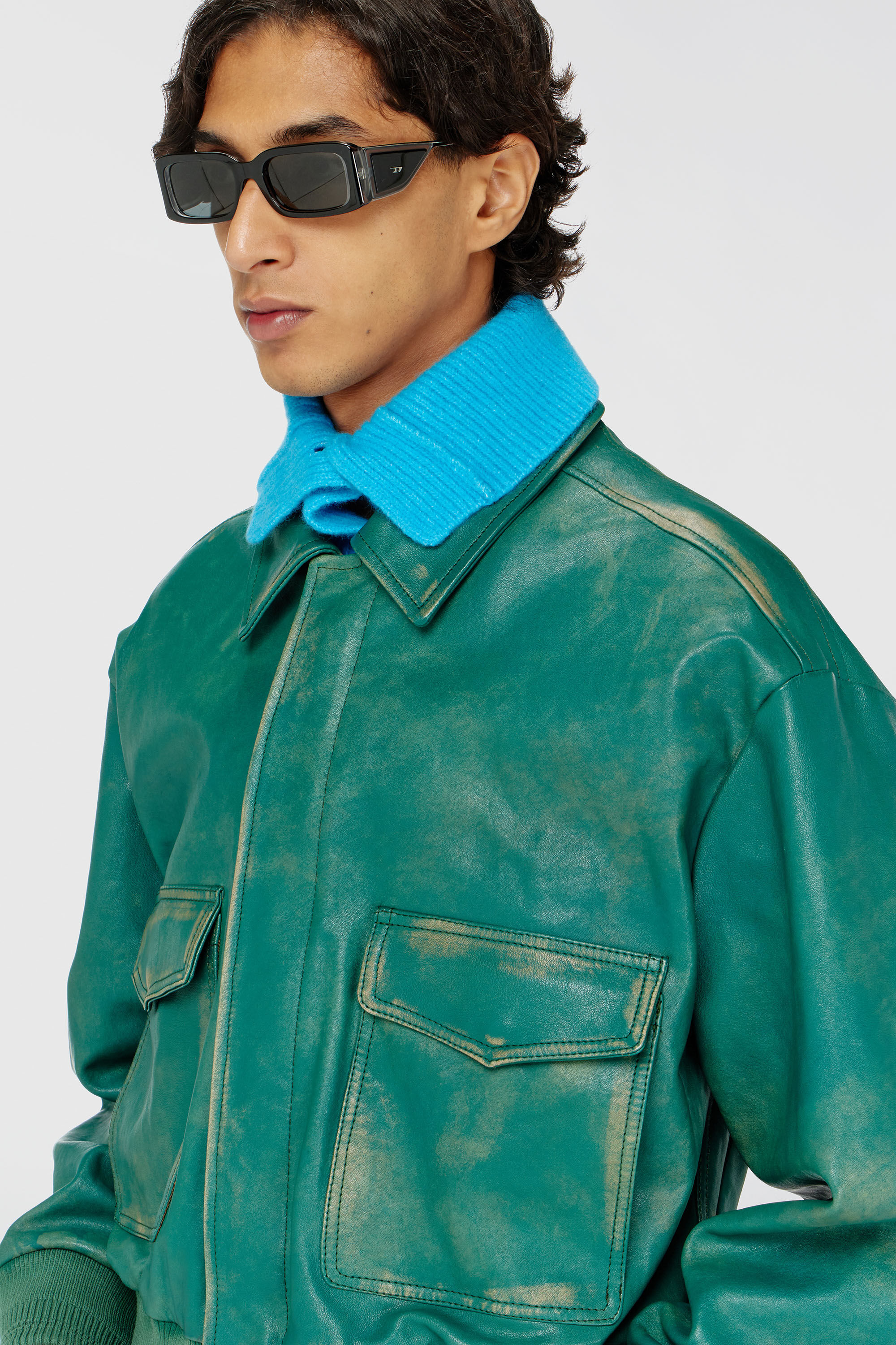 Diesel - L-UMAN, Man's Aviator jacket in treated leather in Dark Green - 5
