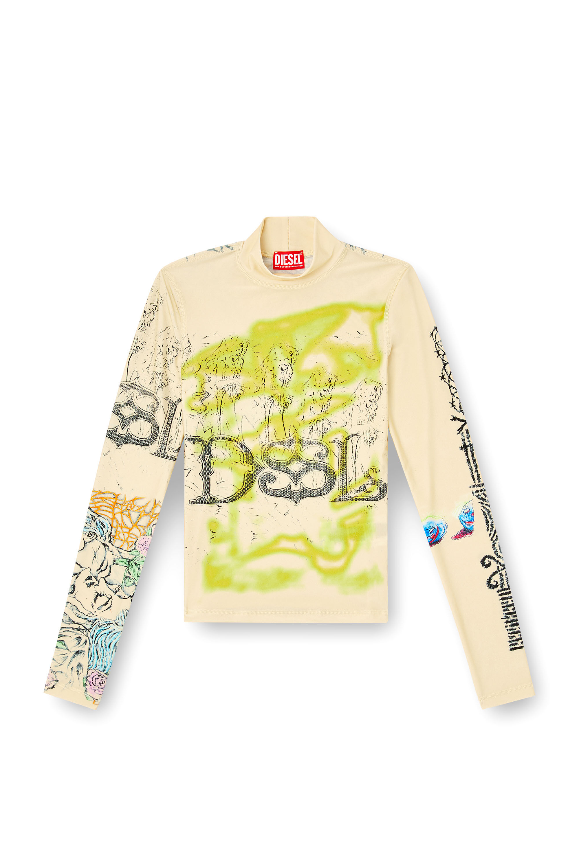 Diesel - T-IMUN, Woman's Turtleneck top with tattoo print in Beige - 2
