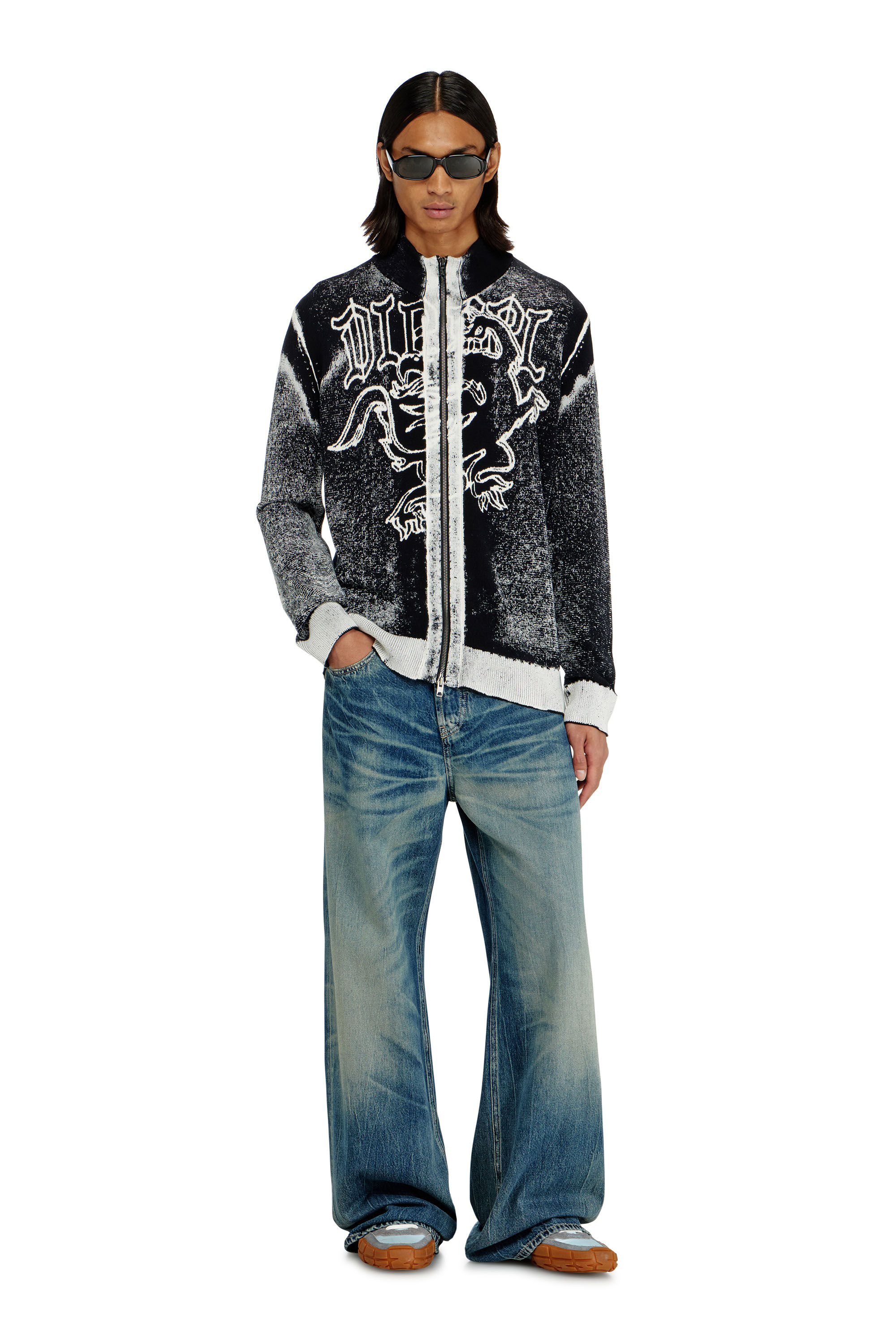 Diesel - K-LAUROS, Man's Treated zip cardigan with griffin motif in Black/White - 1