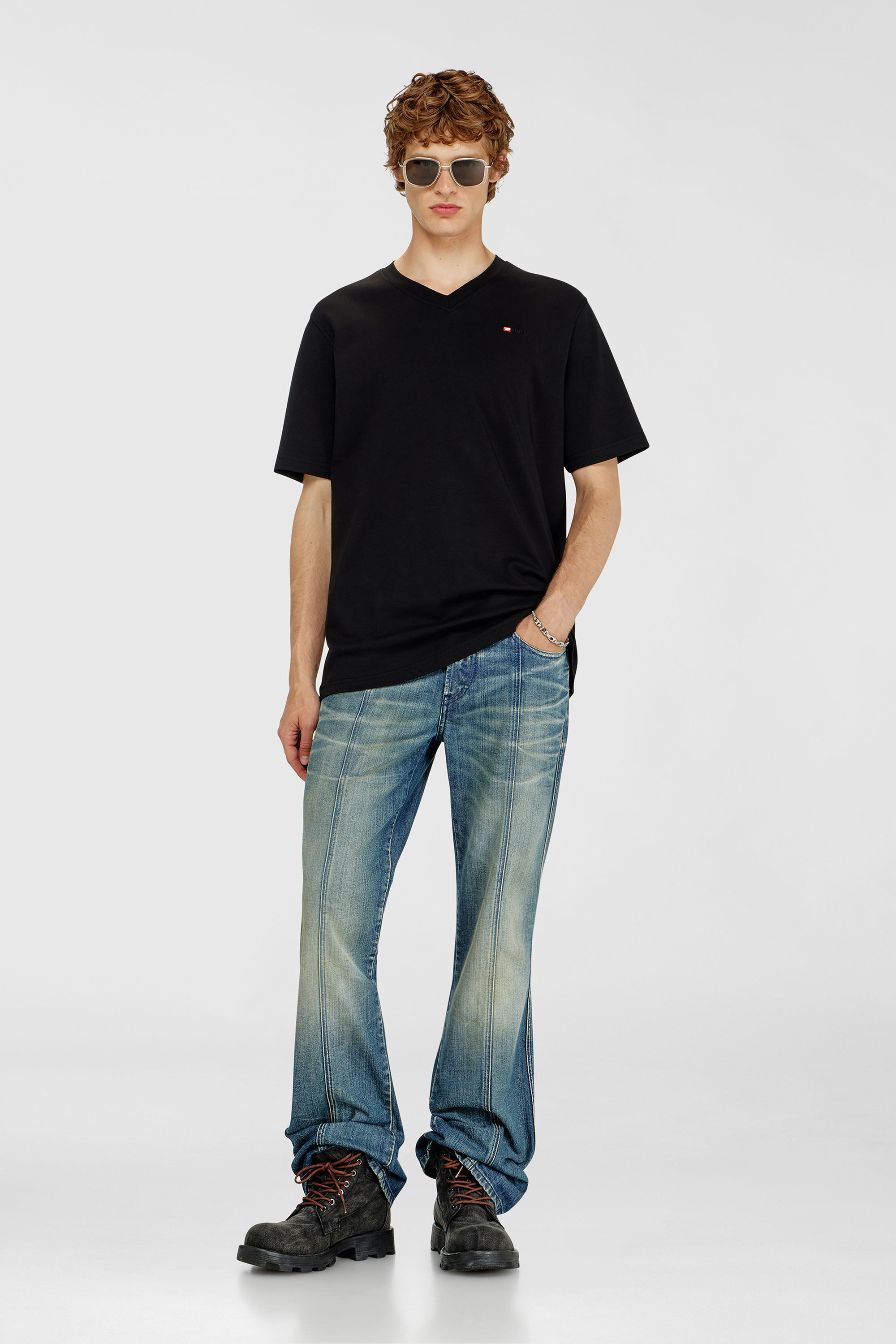 Diesel - T-ADJUST-V-MICRODIV, Man's V-neck T-shirt with micro logo embroidery in Black - 1