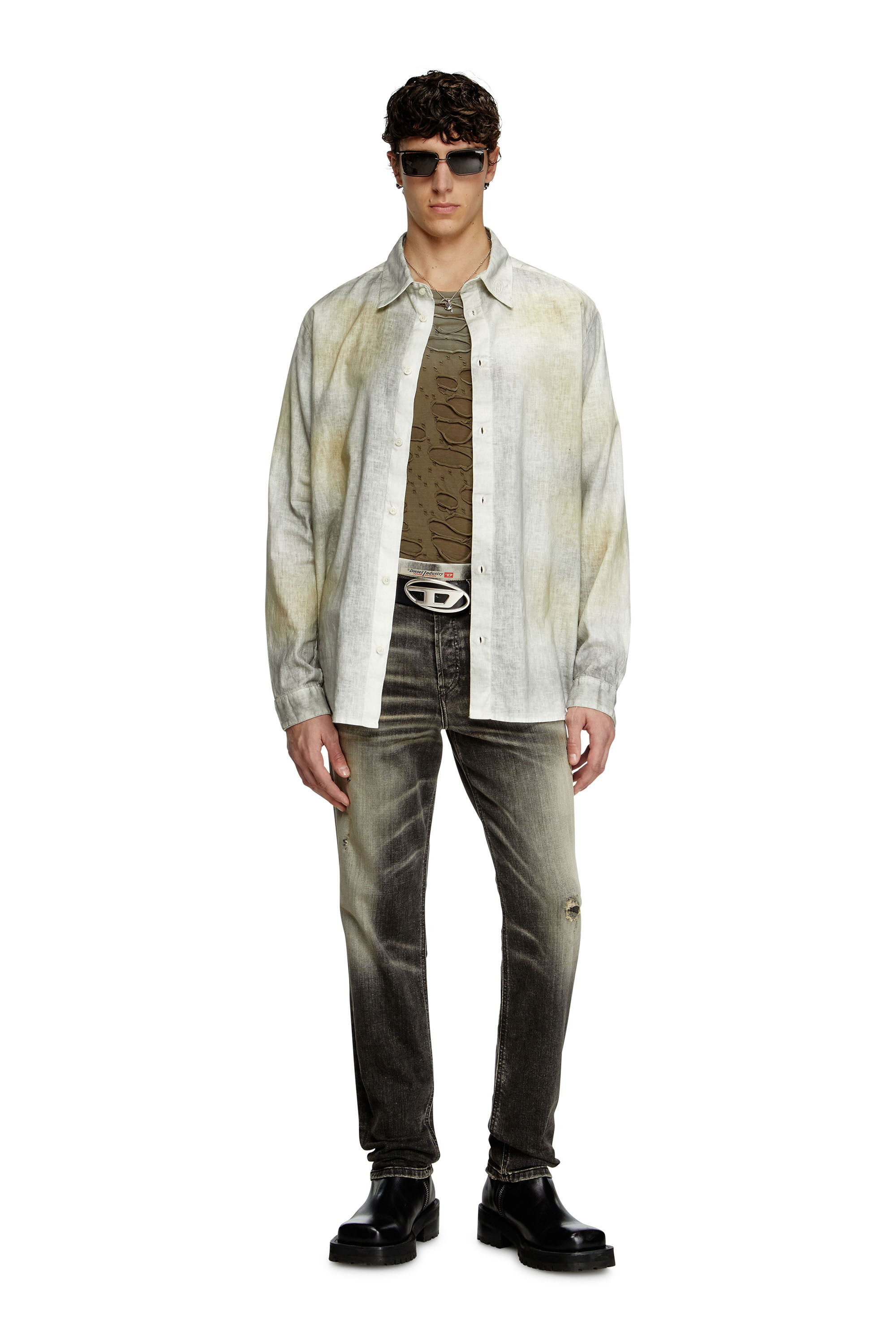Diesel - S-LEIE, Man's Treated linen-blend shirt in Grey/White - 1