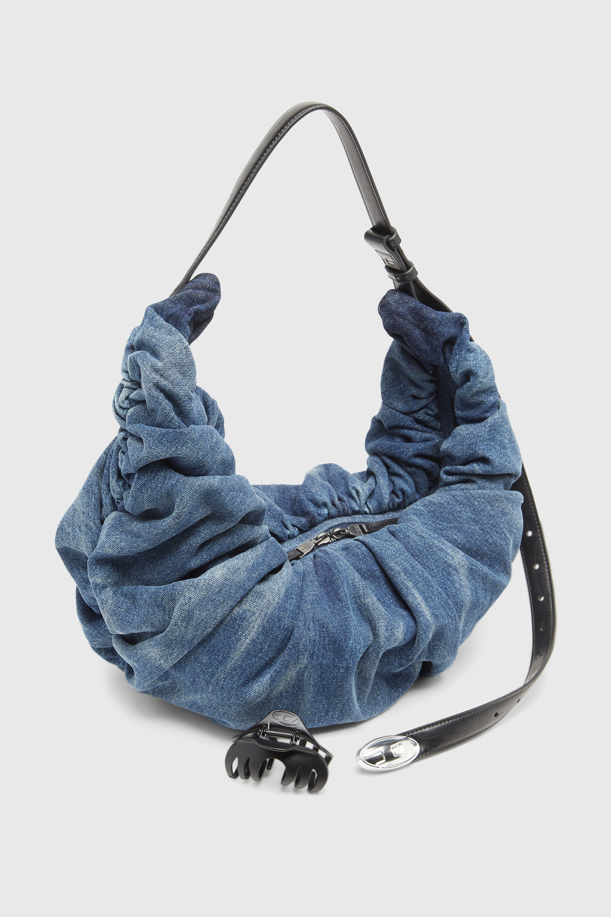 Diesel - GRAB-D HOBO L, Woman's Grab-D-Large scrunched hobo bag in treated denim in Medium blue - 5
