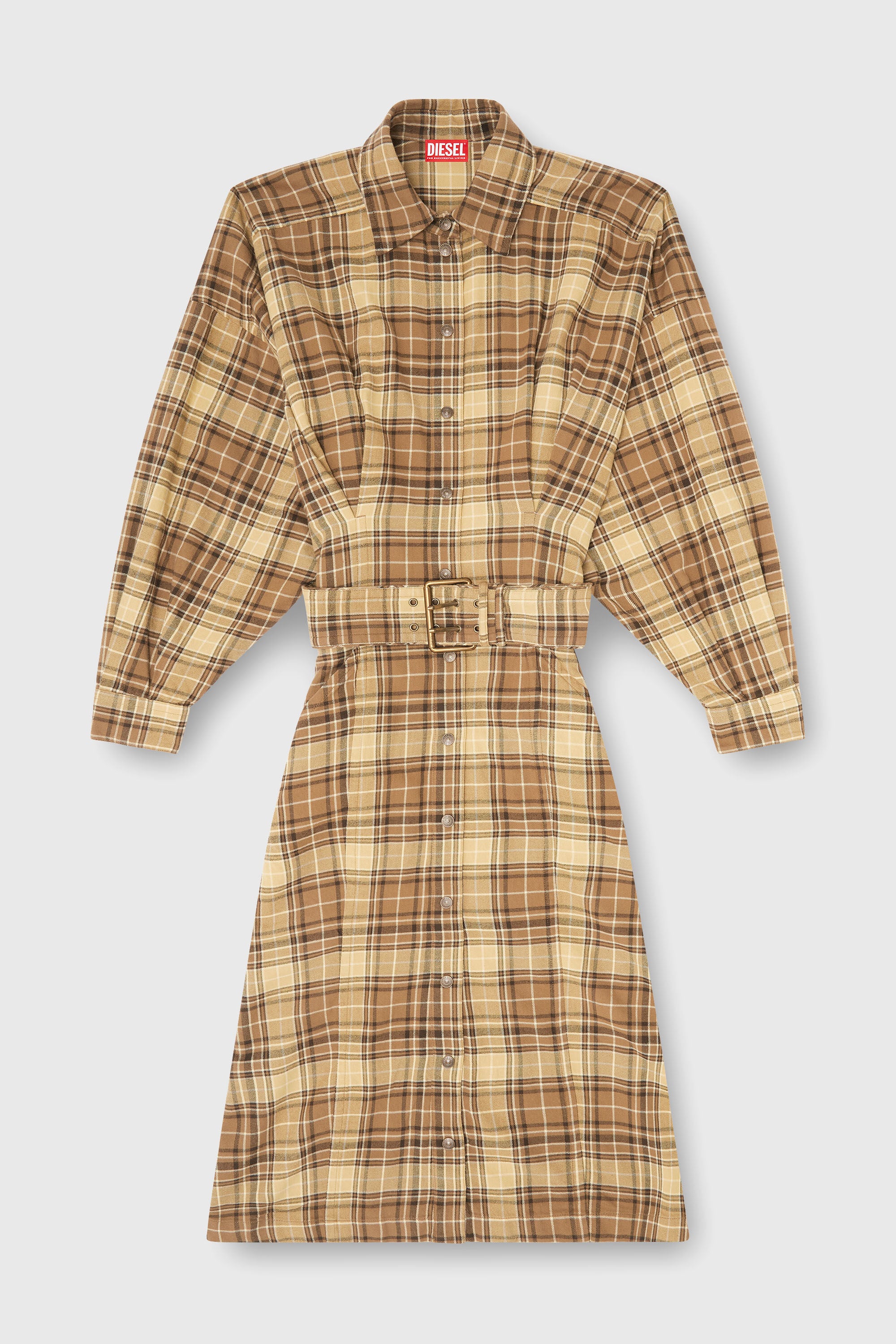 Diesel - D-EDALUS, Woman's Midi dress in check flannel with wide belt in Brown/Yellow - 2