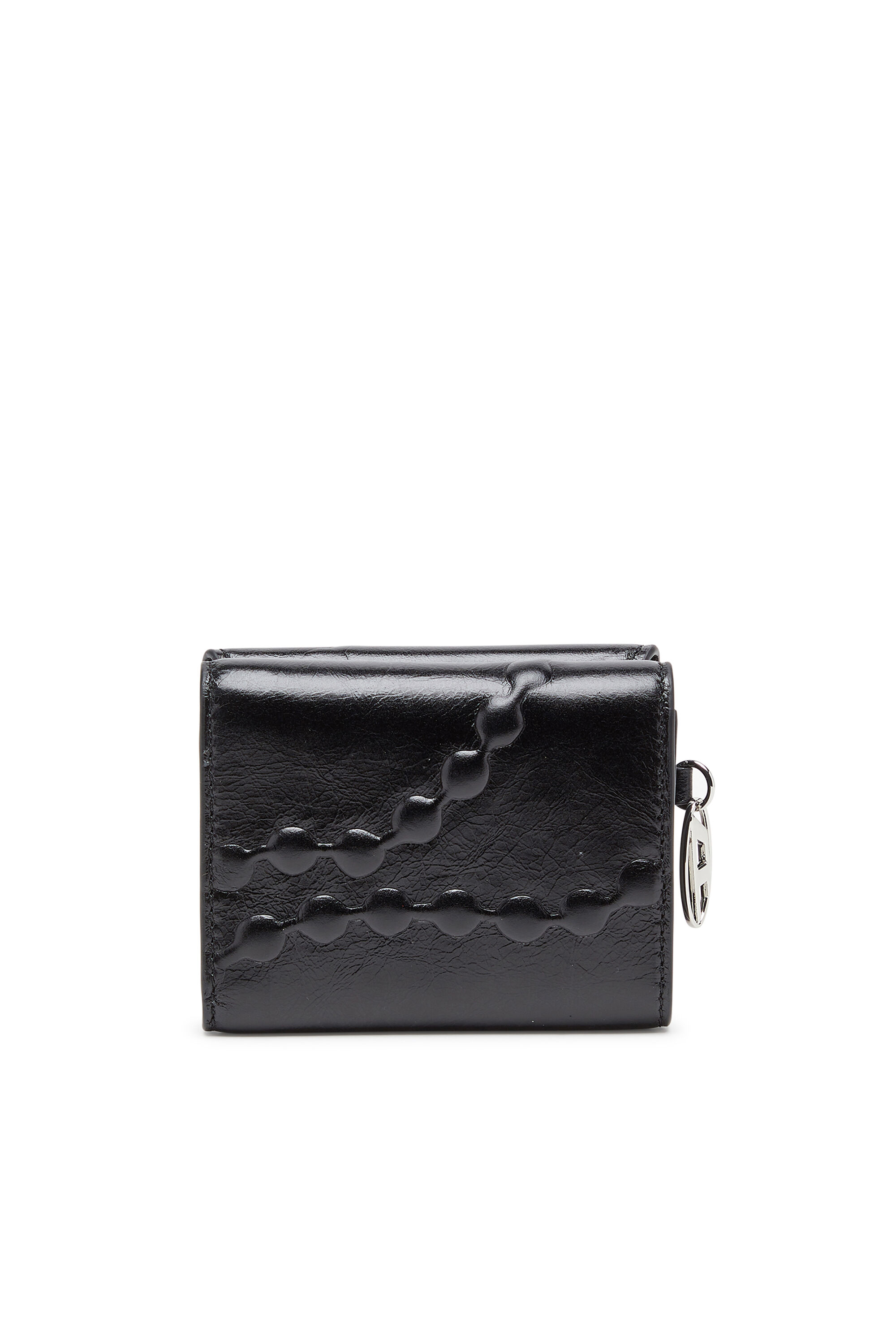 Diesel - OVAL-D TRI FOLD ZIP COIN XS II, Woman's Leather tri-fold wallet with embossed motif in Black - 2