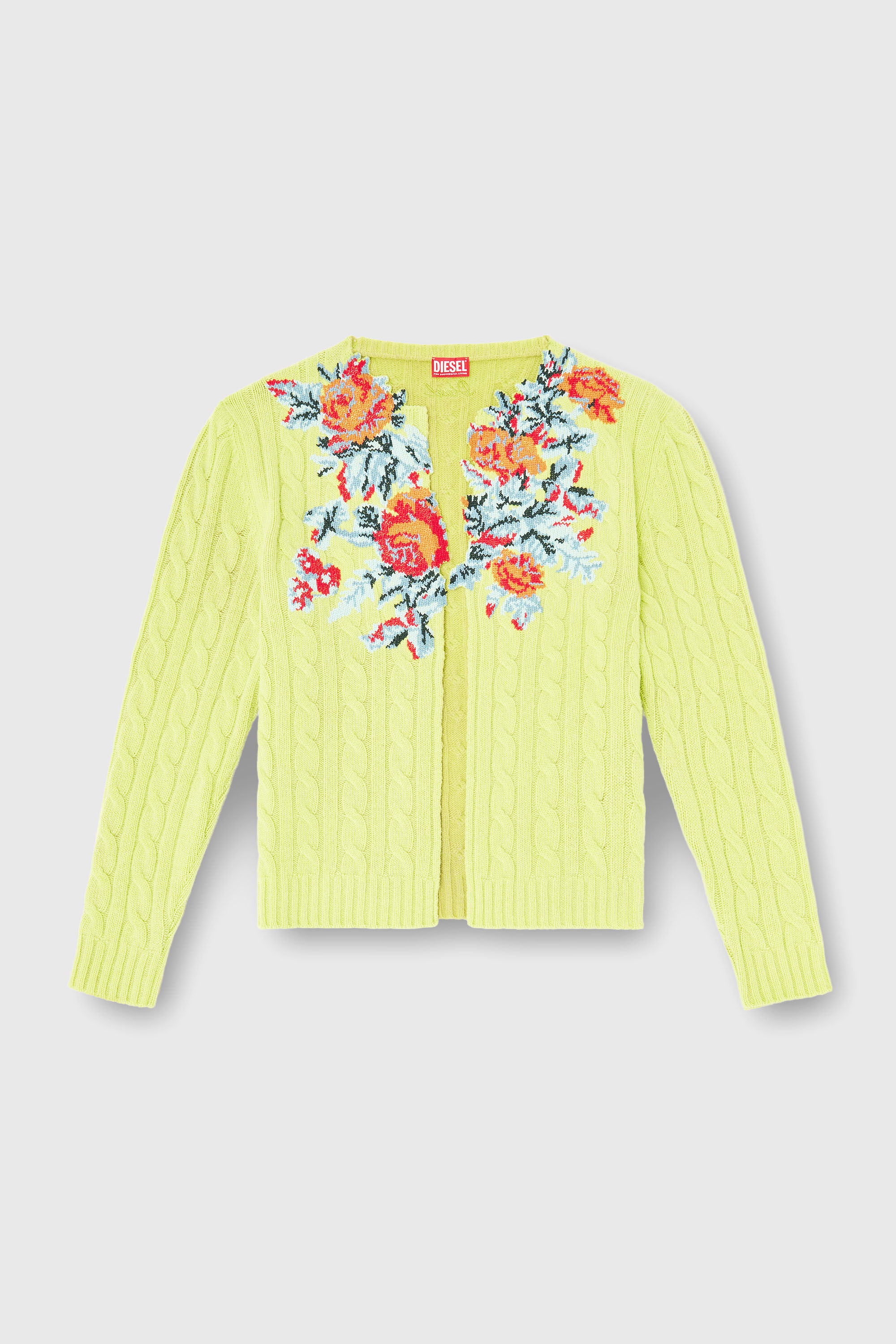 Diesel - K-RINO, Man's Open-front cardigan in floral cable knit in Yellow Fluo - 2
