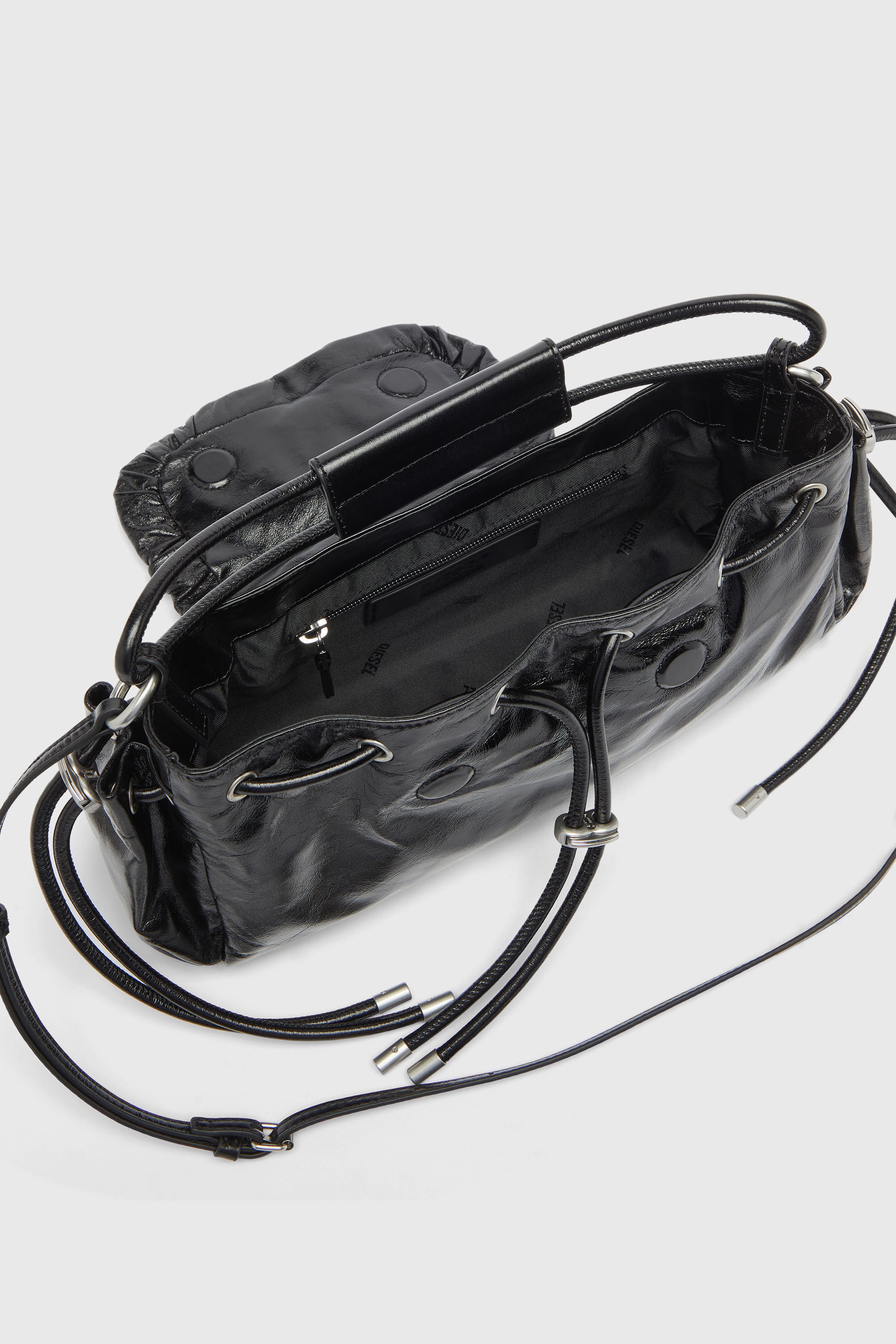 Diesel - SCRUNCH-D TOP HANDLE, Woman's Scrunch-D - Top-handle bag in shiny wrinkled leather in Black - 3