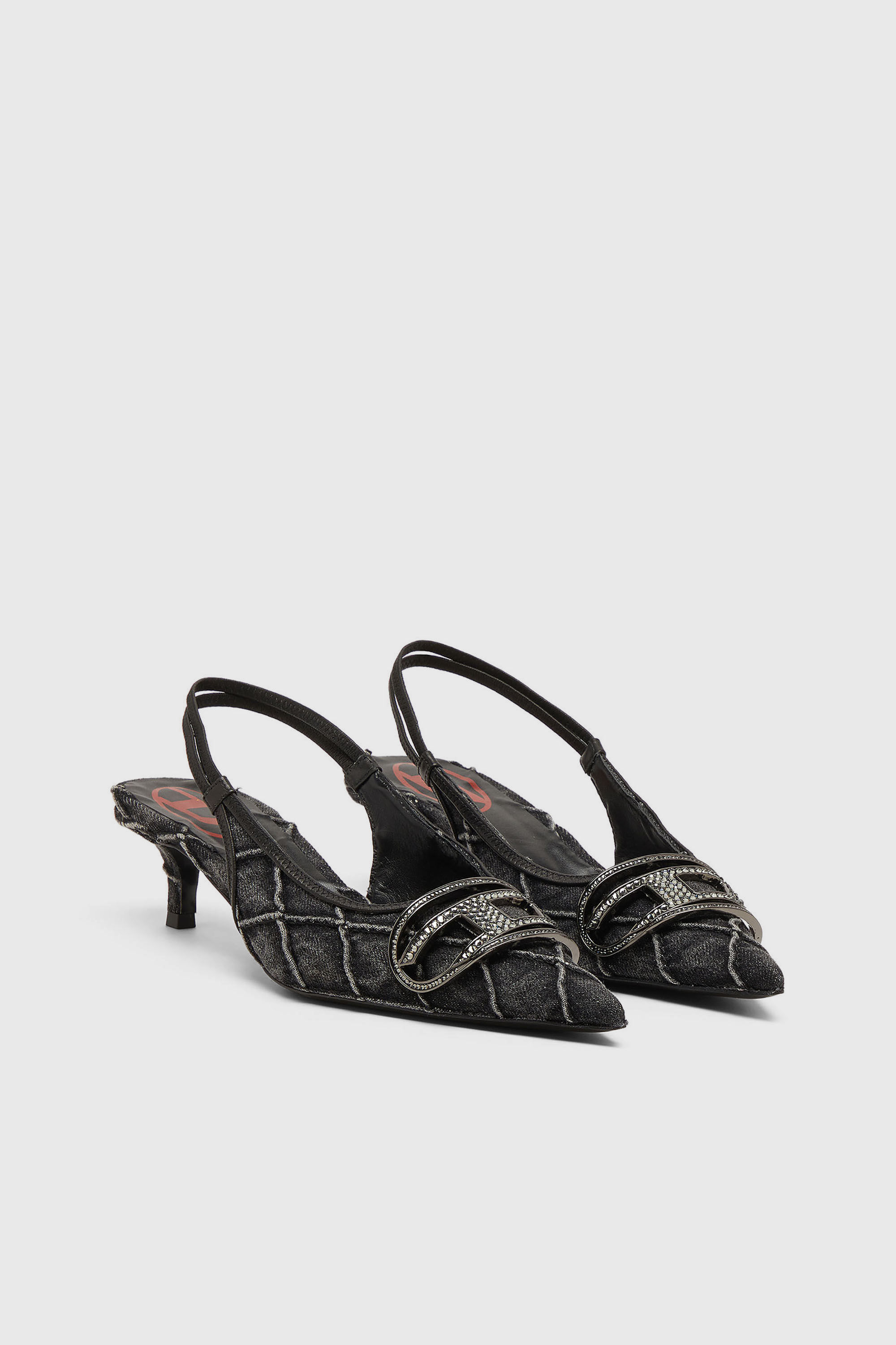 Diesel - D-VENUS SB 40, Woman's D-Venus-Crystal-logo quilted-denim slingback pumps in Black - 2