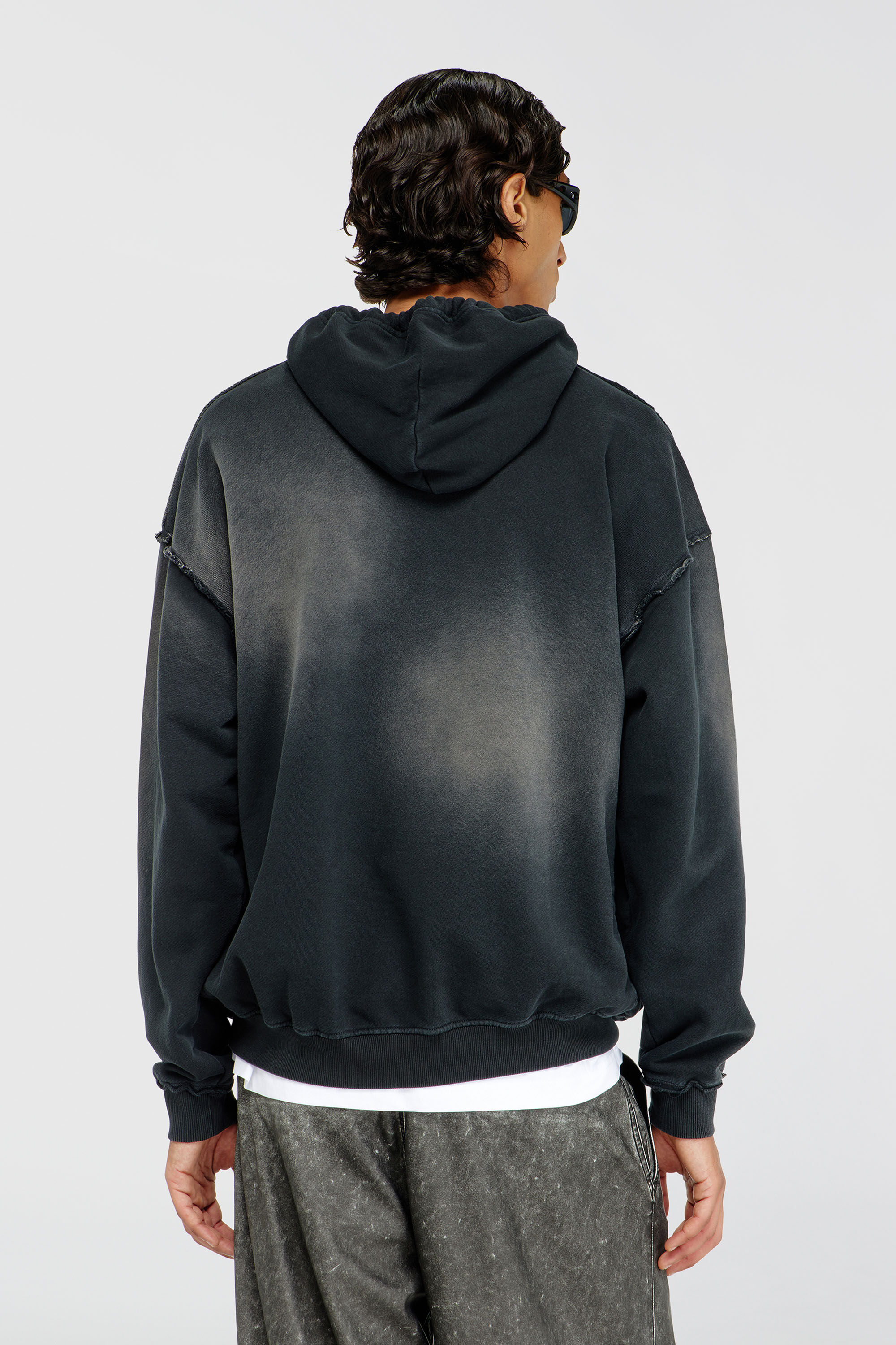Diesel - S-POCK-HOOD, Man's Faded cotton hoodie with frayed details in Black/Grey - 4