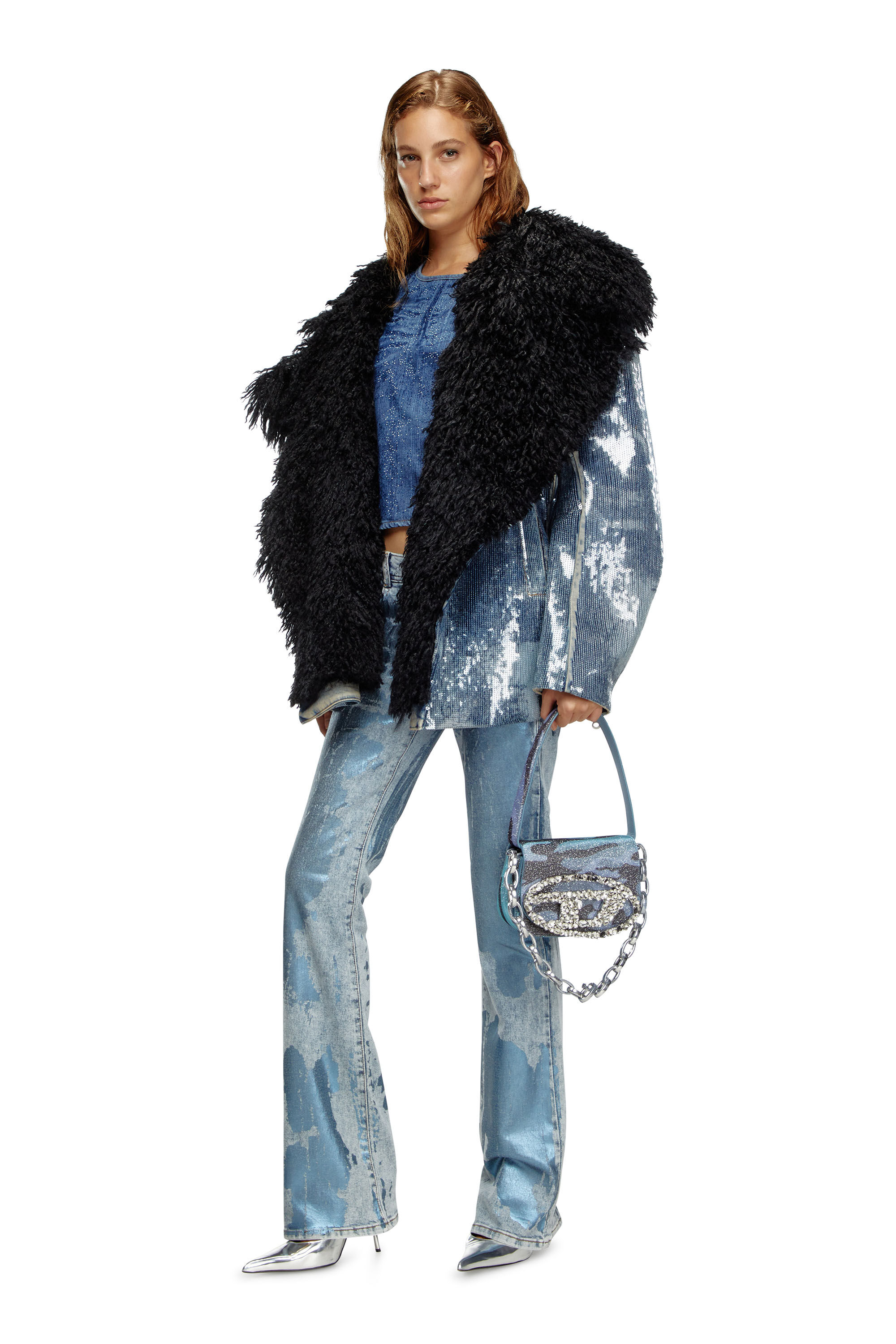 Diesel - DE-BIKA-S, Woman's Sequin denim jacket with shaggy collar in Medium blue - 1