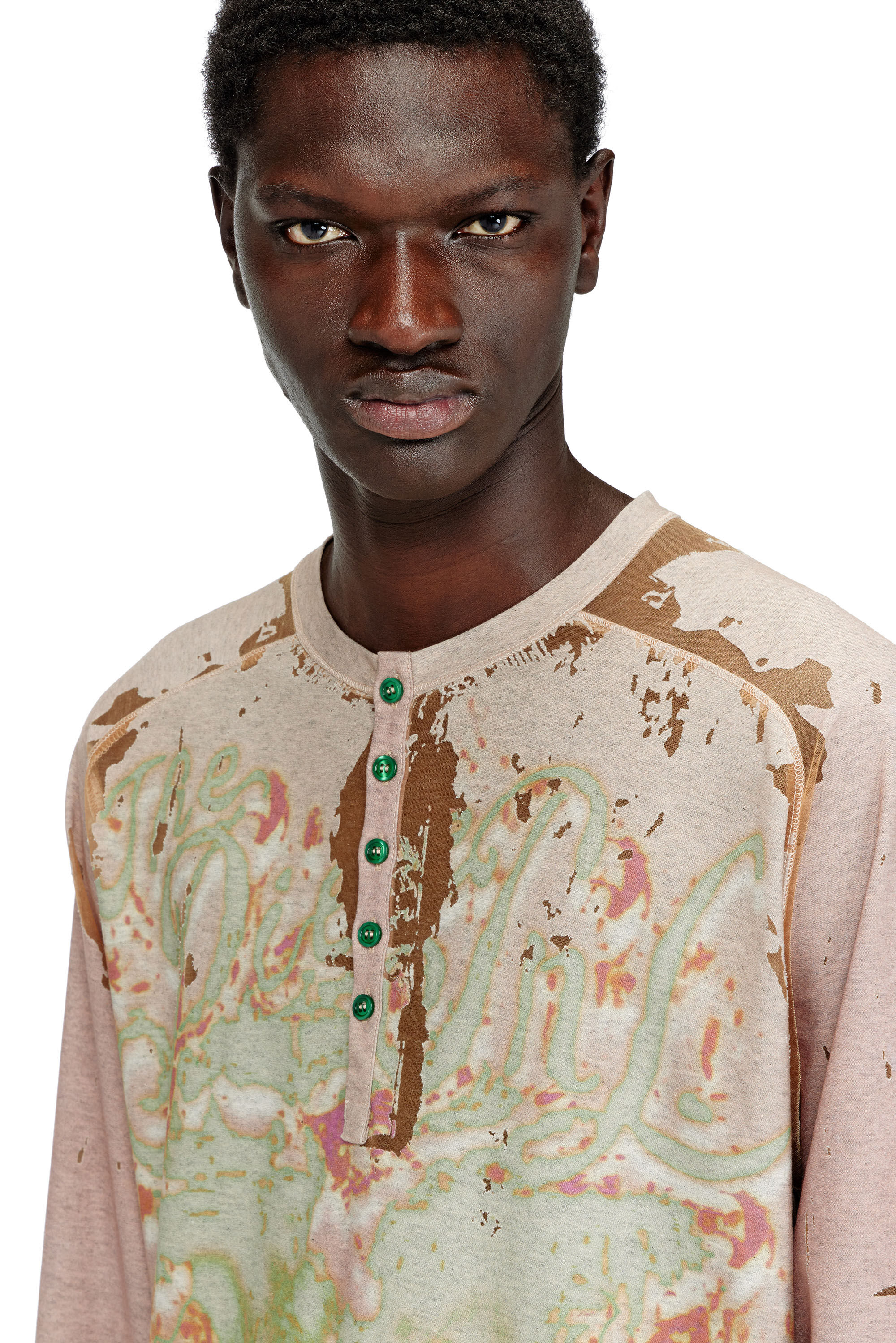 Diesel - T-LIVO-LS, Man's Henley shirt in printed devor&eacute; jersey in Beige - 4