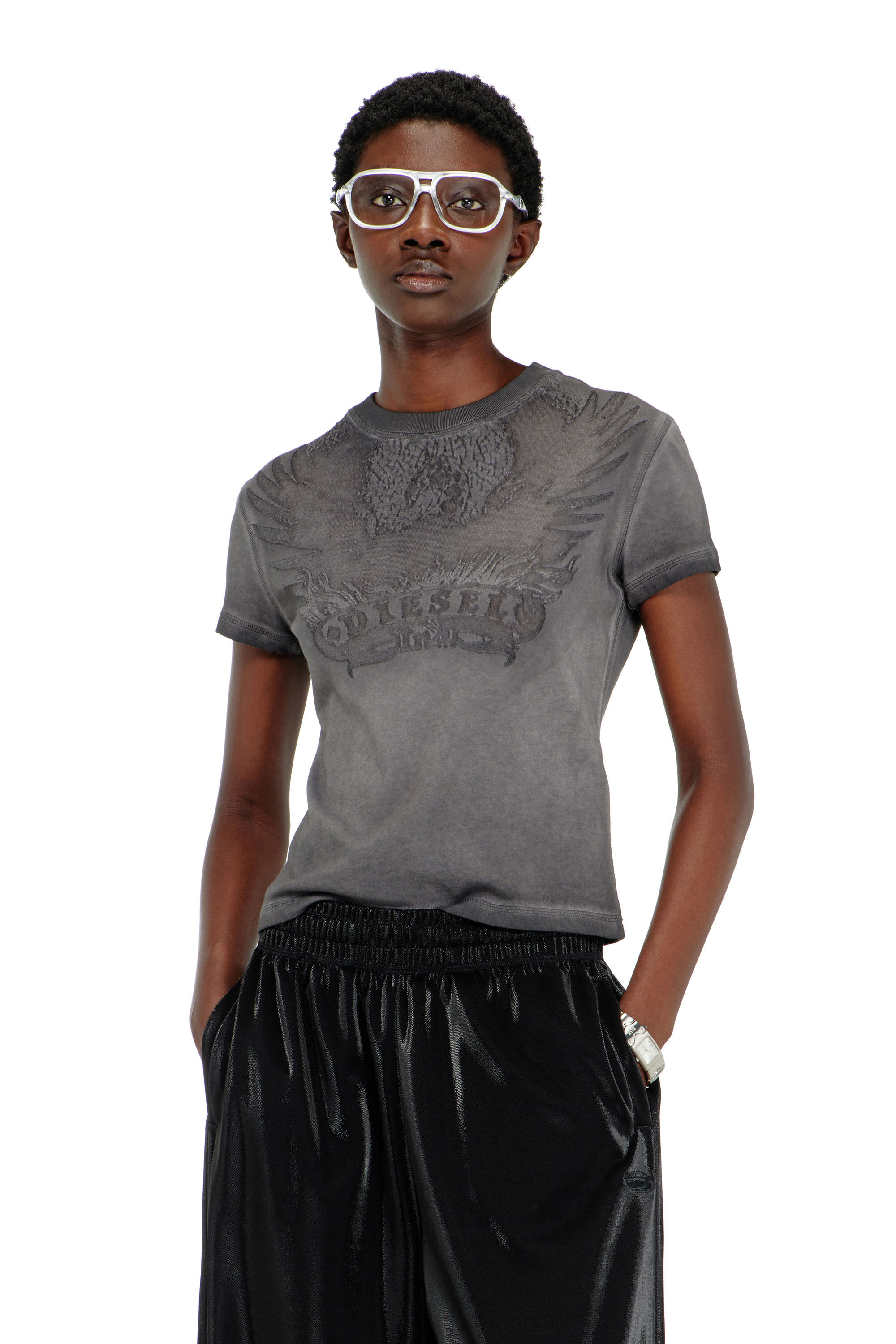 Diesel - T-ILA-AA7, Woman's Slim T-shirt with d&eacute;vor&eacute; Phoenix in Dark grey - 3