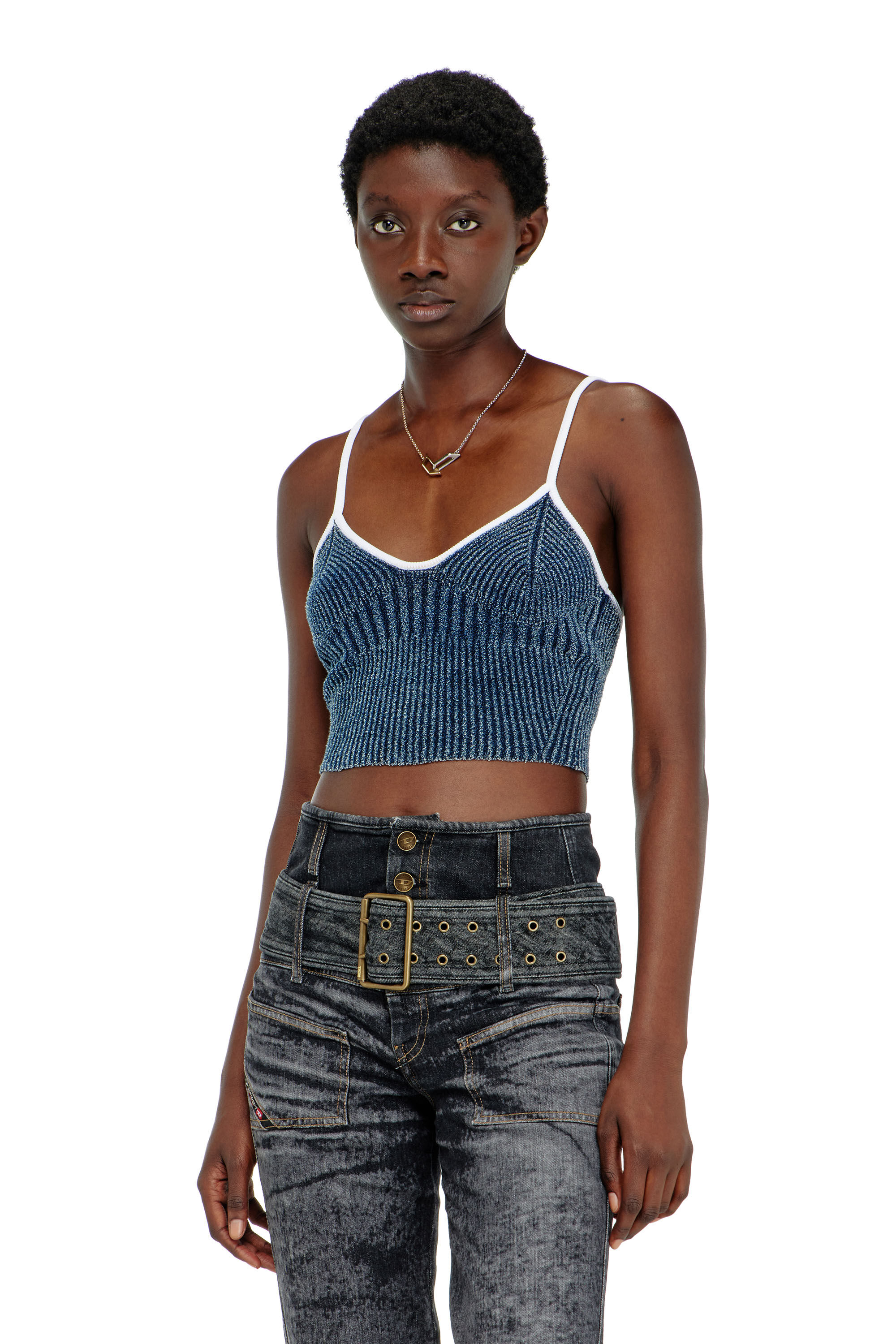 Diesel - M-ESTERE, Woman's Crop top in indigo boucl&eacute; ribbed knit in Blue/White - 3