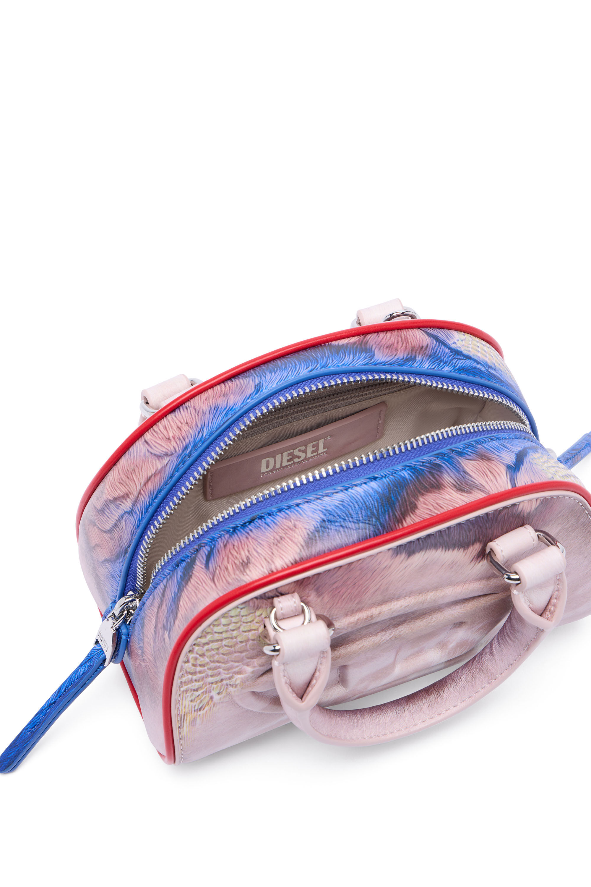 Diesel - 1DR DOME CROSSBODY, Woman's 1DR Dome-Mini bowling bag with animal print in Pink/Blue - 4