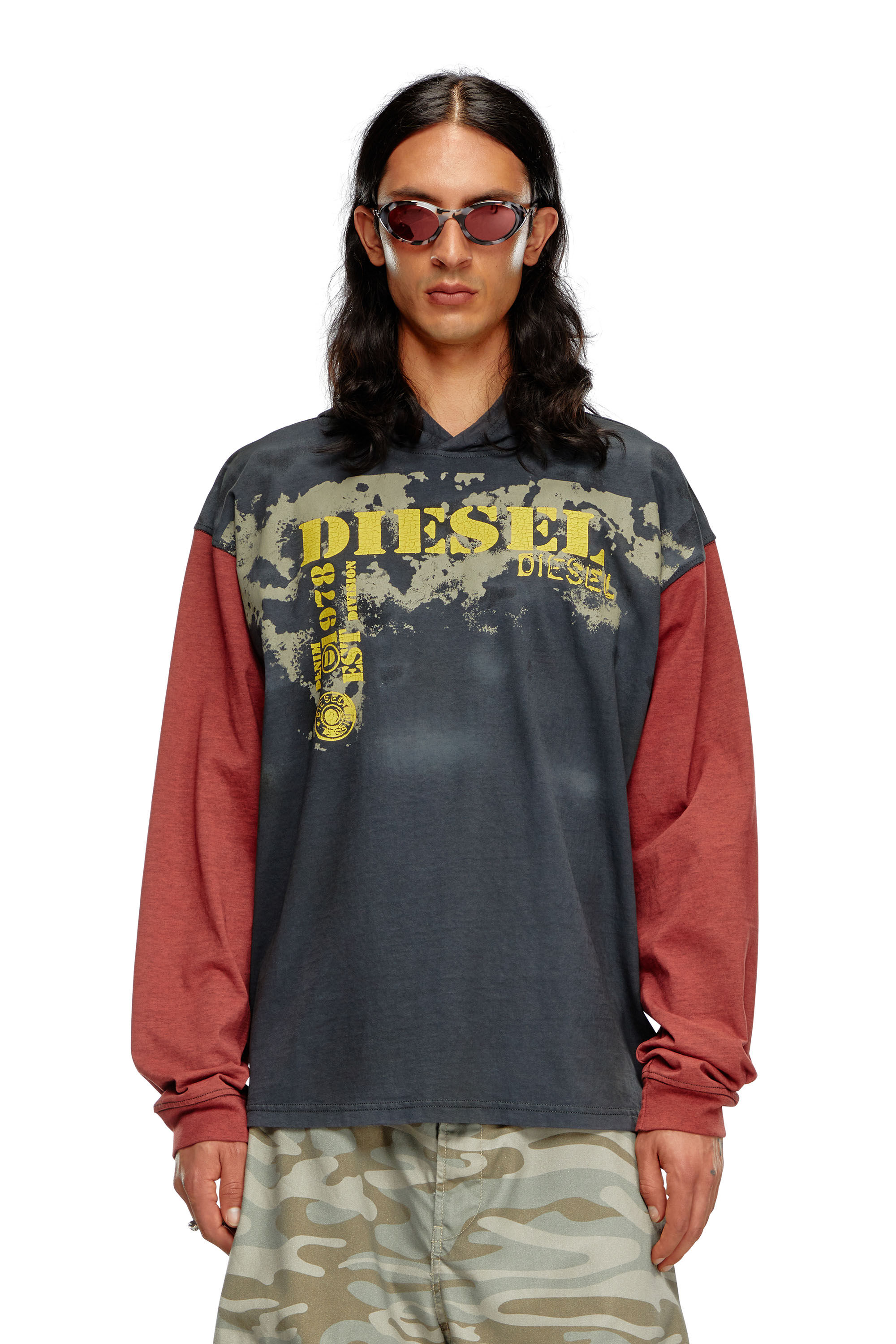 Diesel - T-BOXT-LS-HOOD, Man's Dirty-effect hooded long-sleeve T-shirt in Dark grey - 3