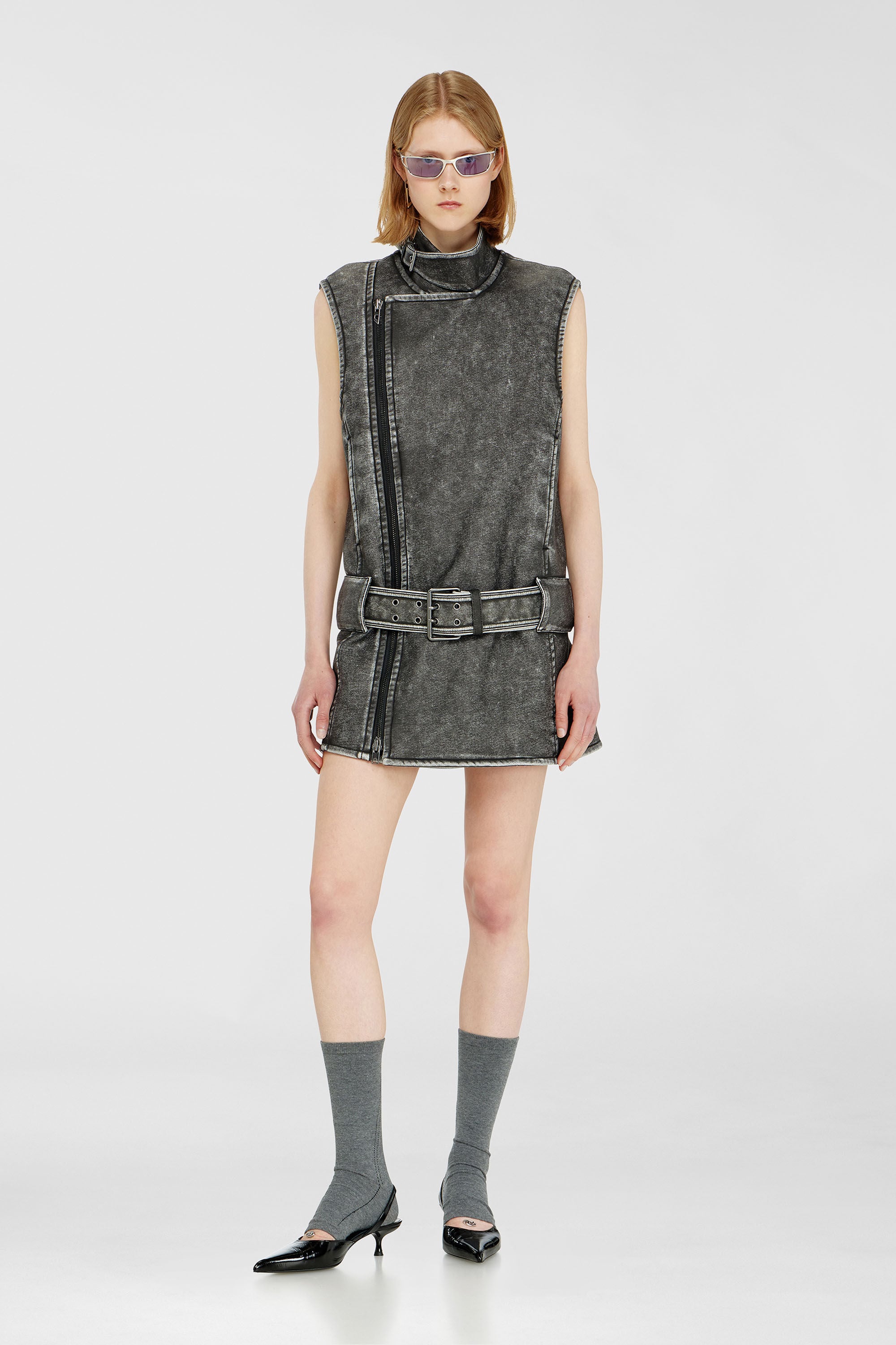 Diesel - D-IKE, Woman's Biker-style mini dress with belt in Grey - 3
