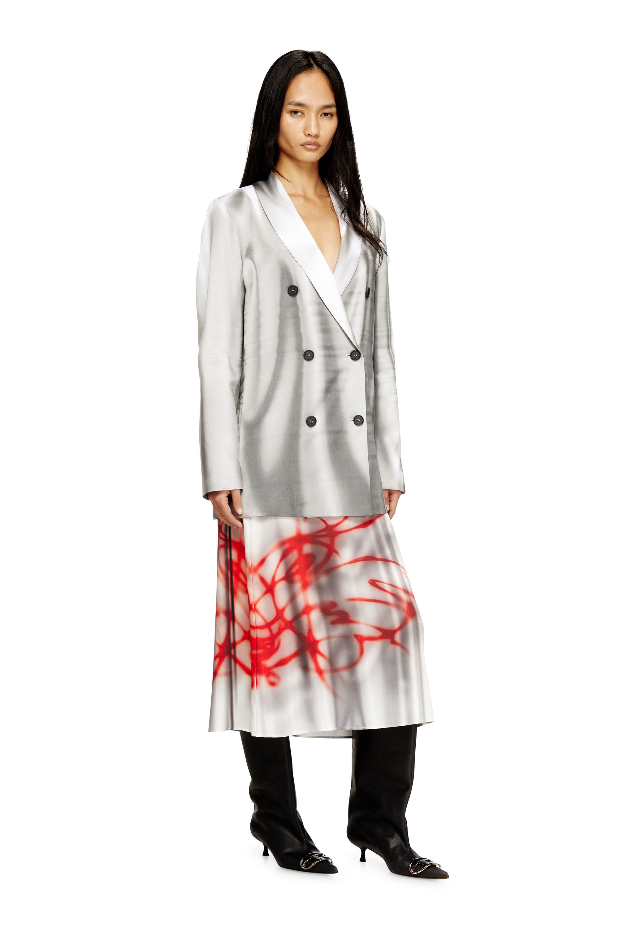 Diesel - G-AVINA, Woman's Satin blazer with trompe l'oeil draping in Grey/White - 1