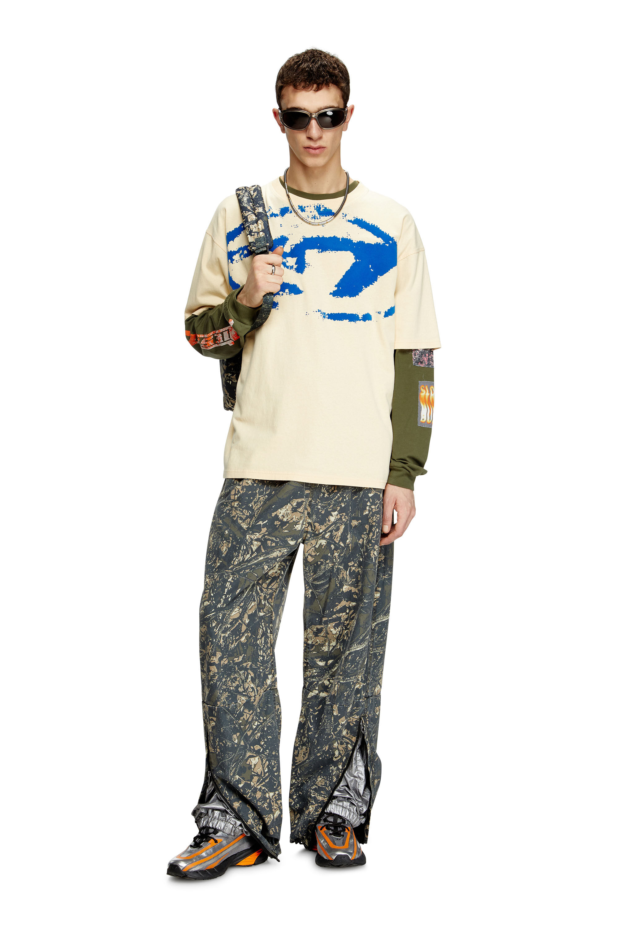 Diesel - T-BOXT-N14, Man's T-shirt with distressed flocked logo in Light Brown - 1