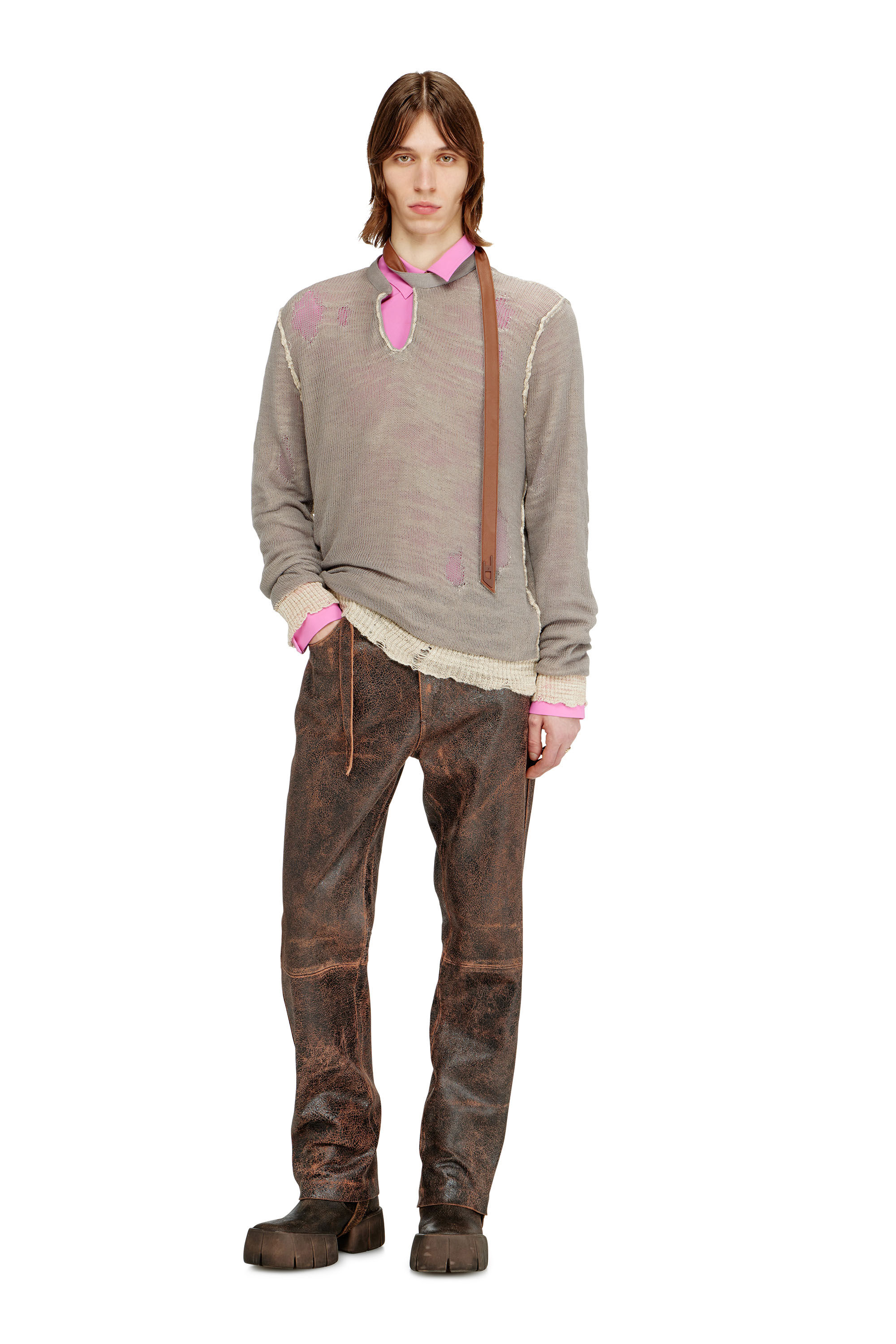 Diesel - K-DAIANERIS, Man's Distressed jumper with biker neck strap in Brown - 1