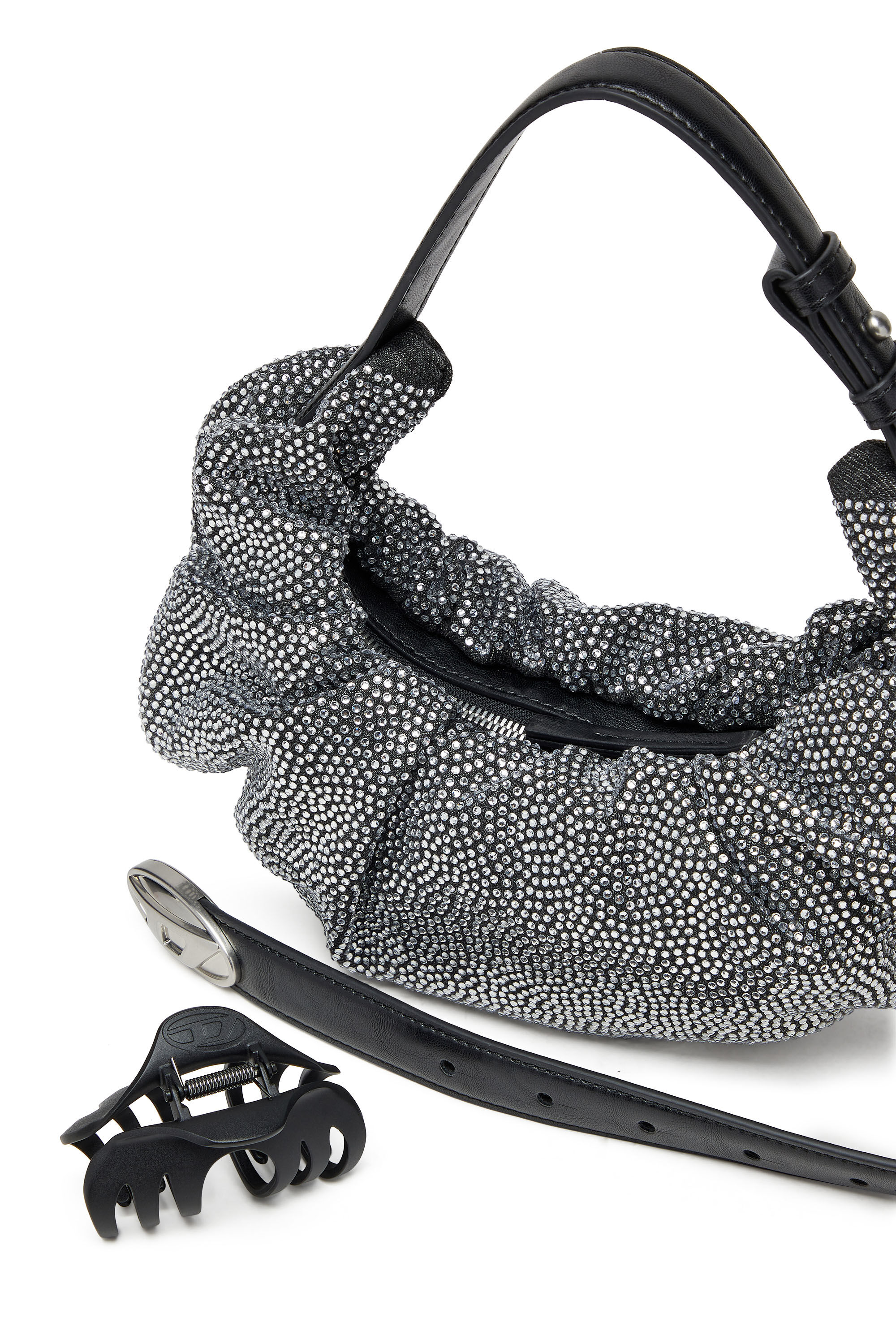 Diesel - GRAB-D HOBO S, Woman's Grab-D S-Small scrunched hobo bag in crystal denim in Black - 2