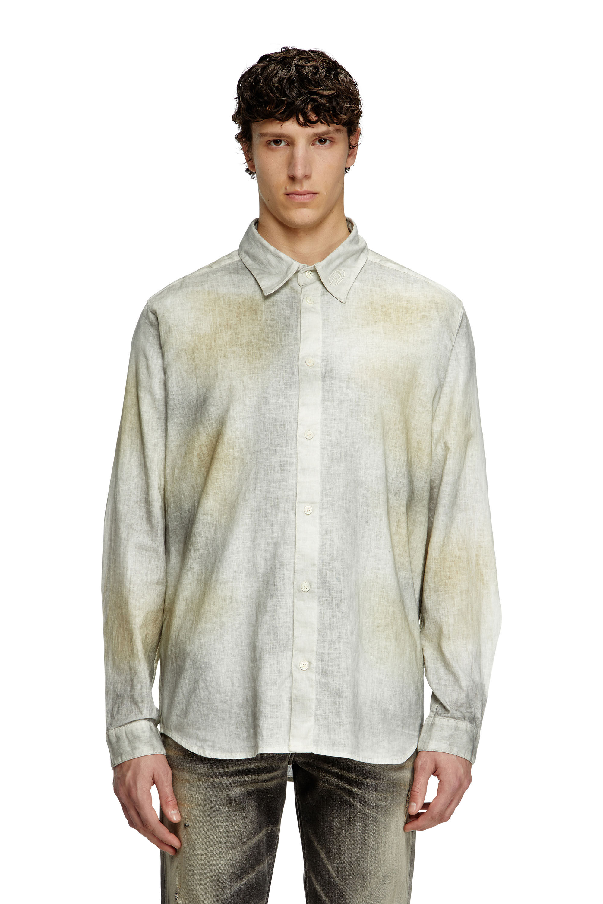 Diesel - S-LEIE, Man's Treated linen-blend shirt in Grey/White - 3