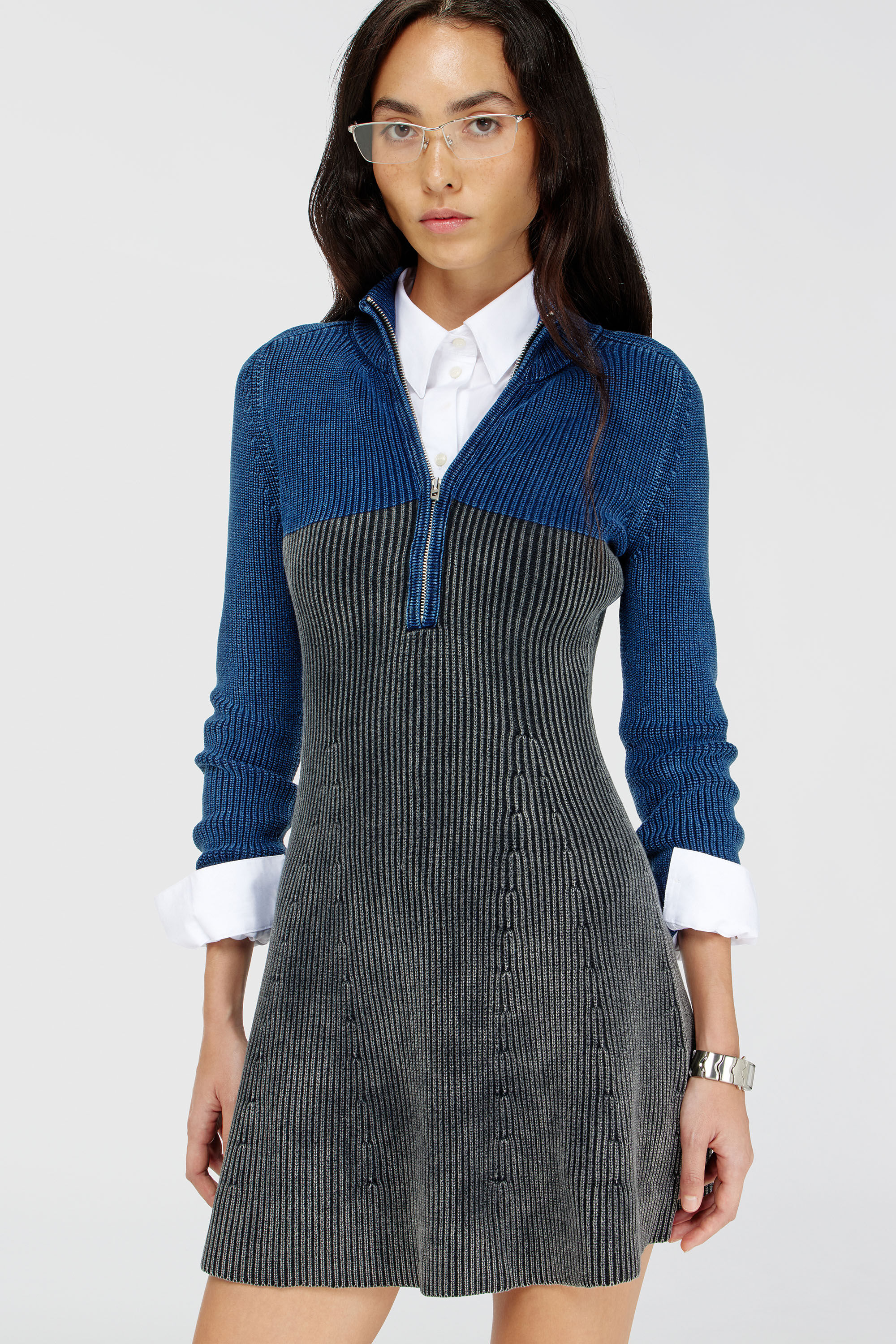 Diesel - M-HERMOSA, Woman's Rib-knit mini dress with two-tone denim effect in Blue/Black - 4