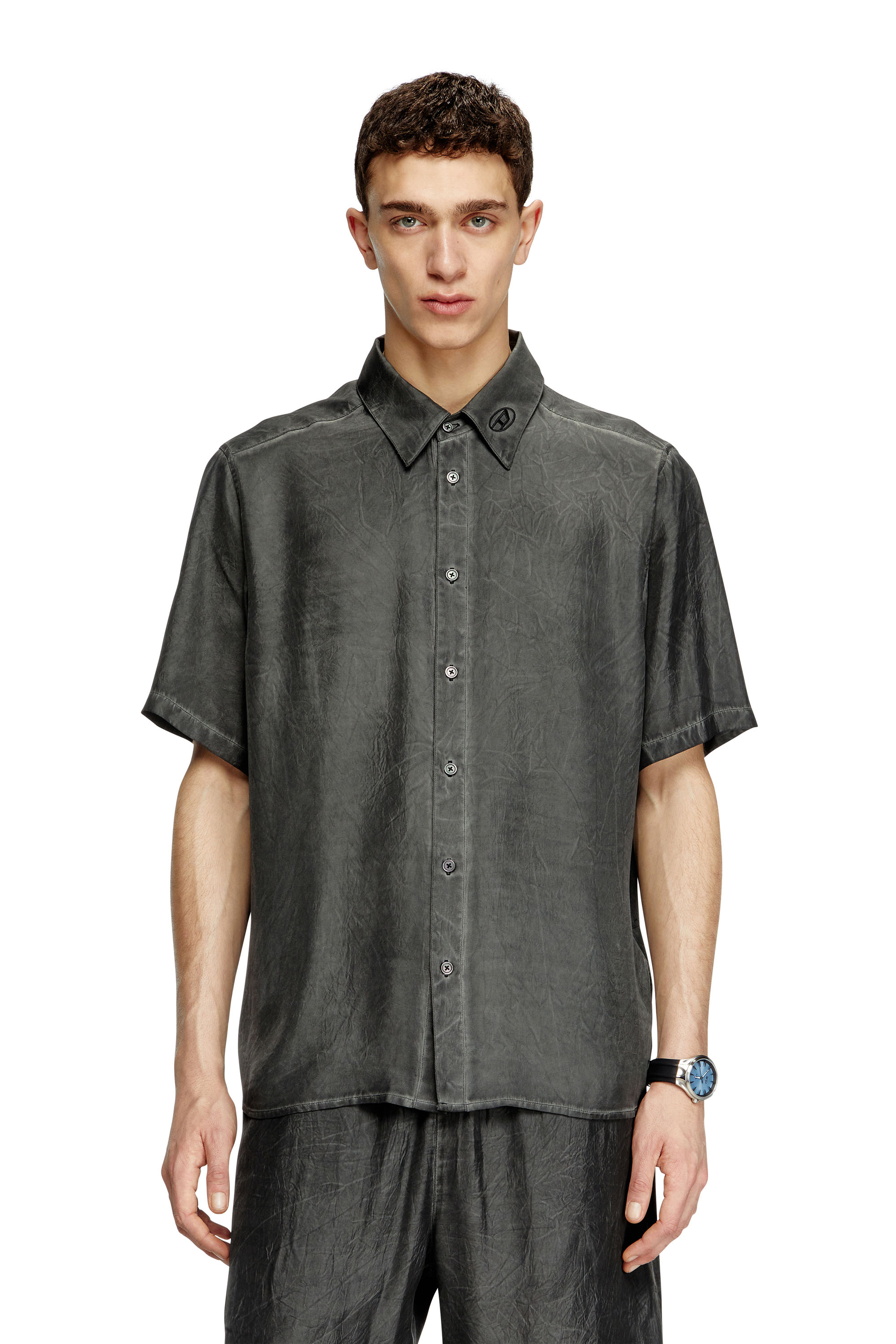 Diesel - S-LEON-SHORT, Unisex's Crinkled short-sleeve shirt with logo collar in Black - 1