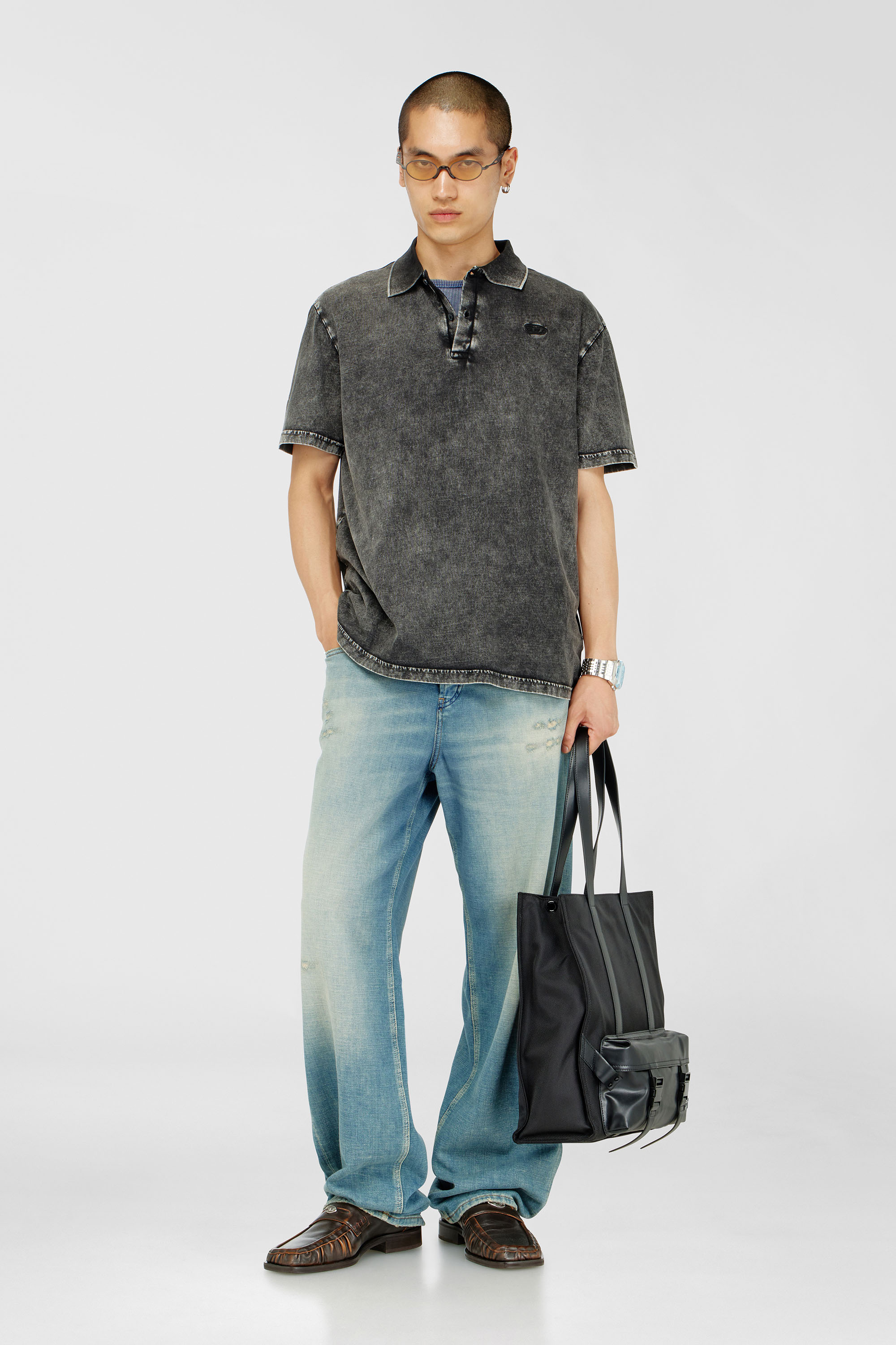 Diesel - T-REJUST-NC-DEN, Man's Polo shirt in denim-effect jersey in Dark grey - 1