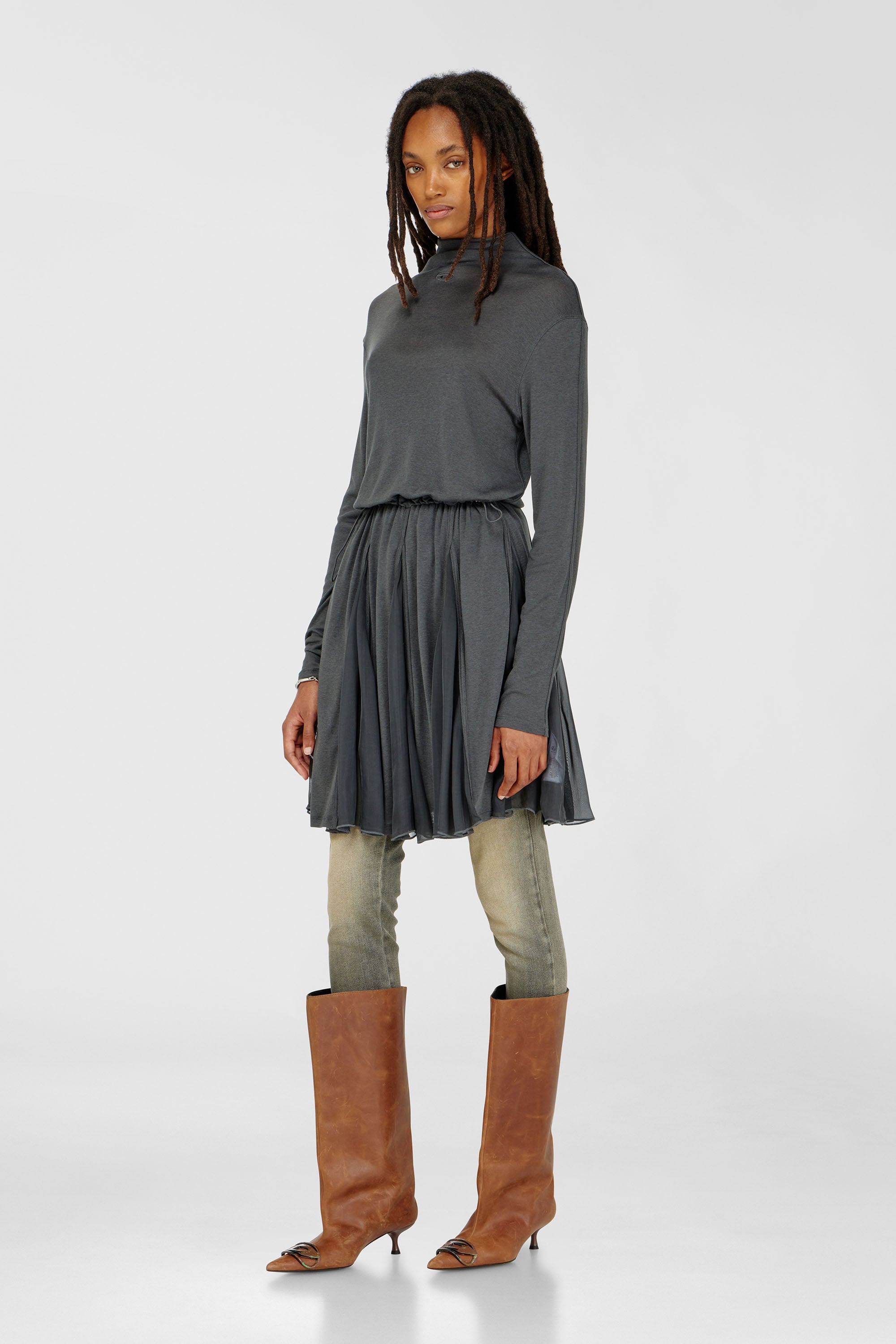 Diesel - D-REI, Woman's Turtleneck mini dress in jersey and chiffon in Grey - 3