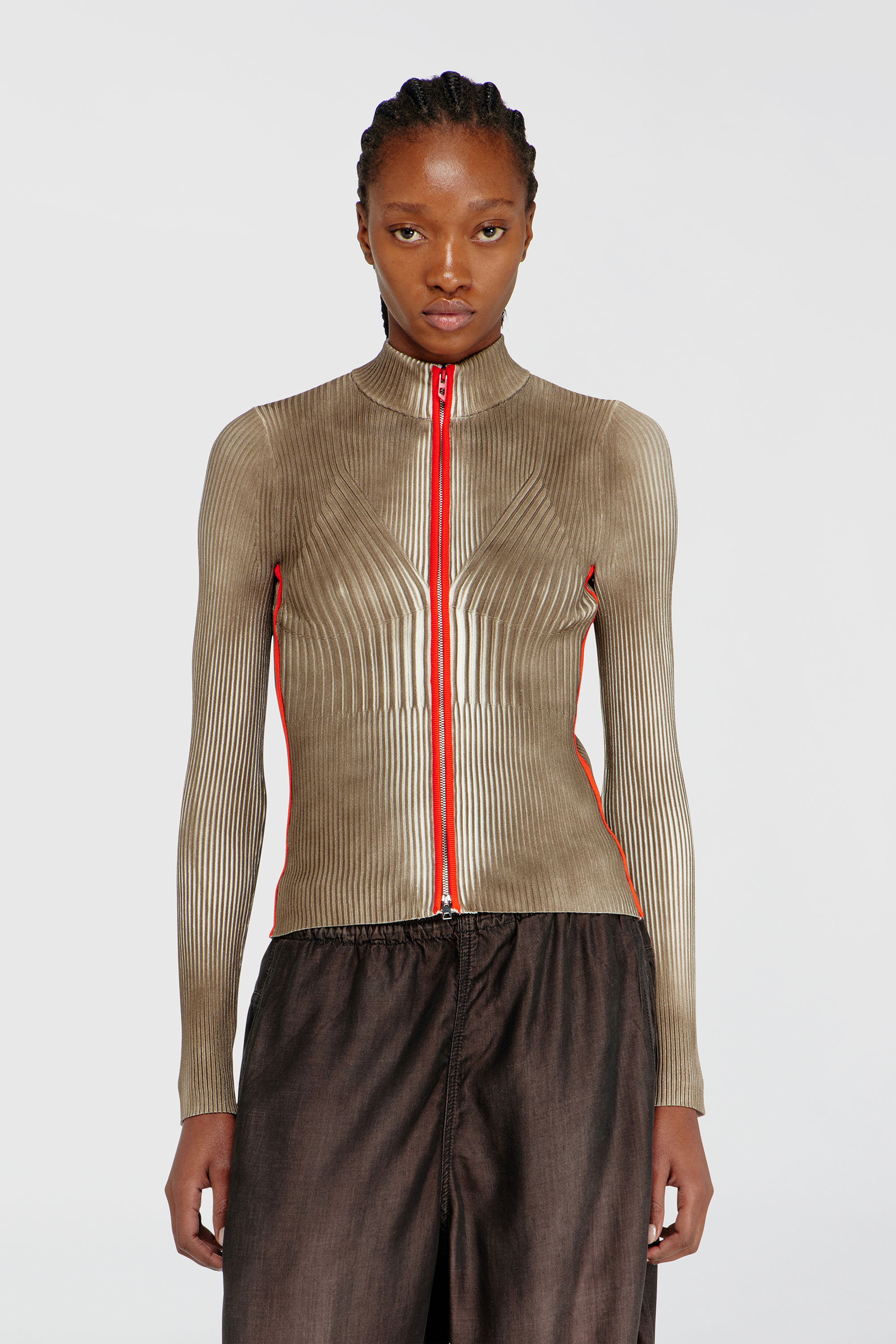 Diesel - M-SARMA, Woman's Ribbed zip cardigan with contrast bands in Red/Brown - 3