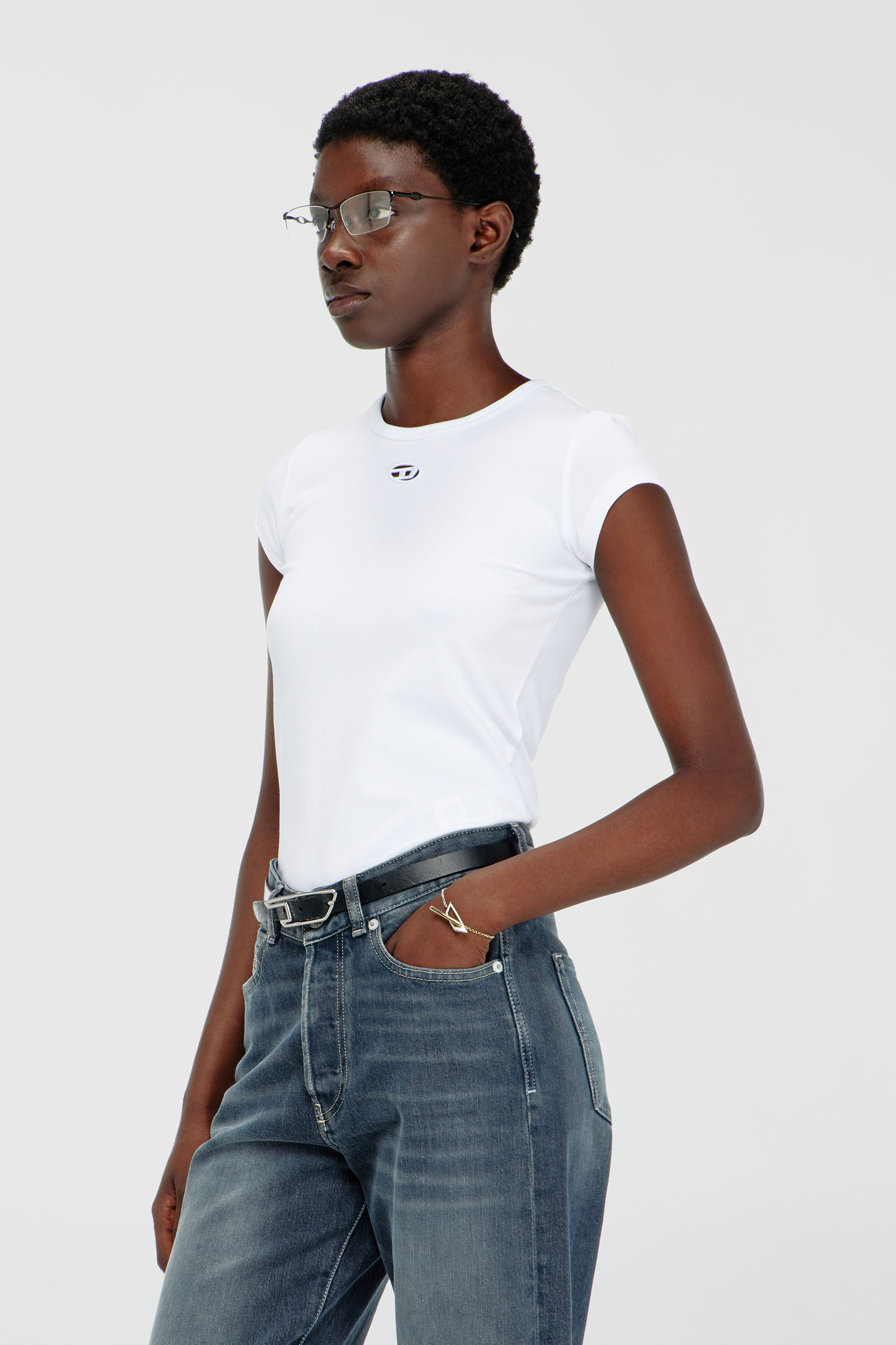 Diesel - T-ANGIE-OD, Woman's T-shirt with cut-out embroidered logo in White - 1