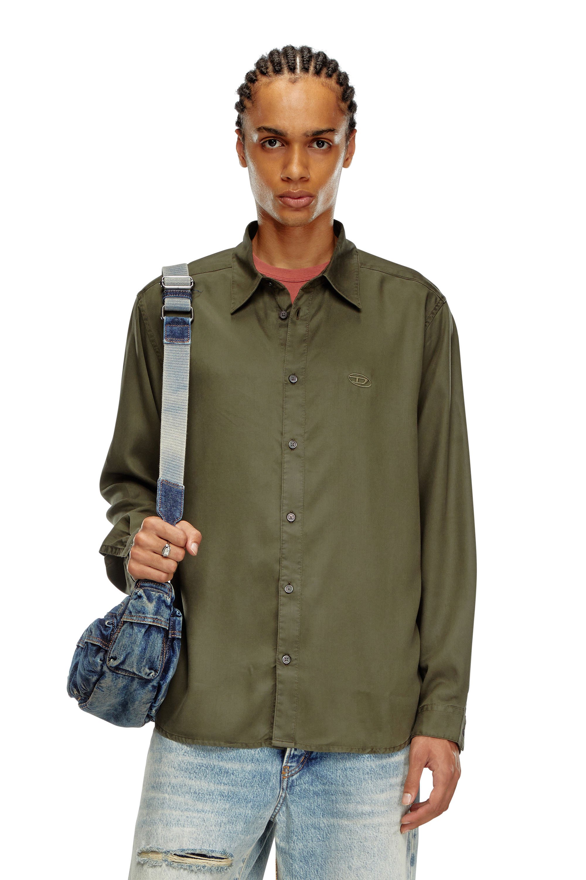 Diesel - S-SIMPLY-C, Man's Fluid shirt with logo embroidery in Olive Green - 1