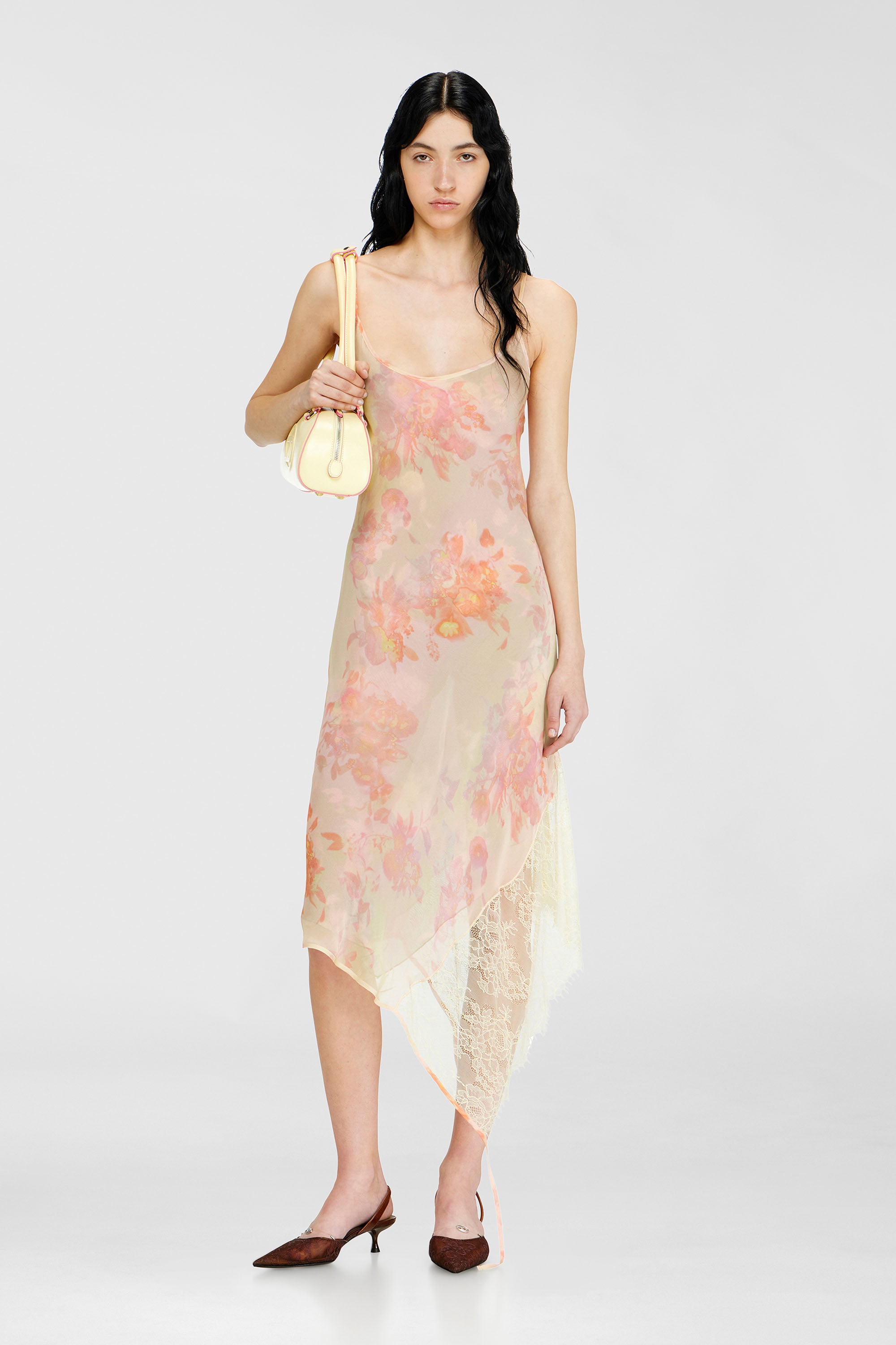 Diesel - D-ANCEL, Woman's Midi slip dress with floral print and lace trim in Pink/Yellow - 1