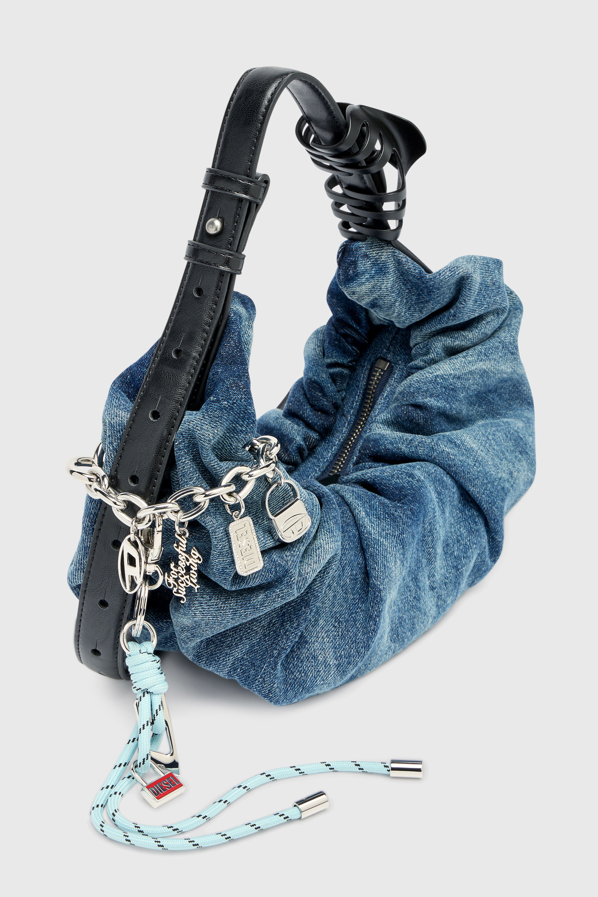 Diesel - GRAB-D HOBO S, Woman's Grab-D-Small scrunched hobo bag in treated denim in Medium blue - 7