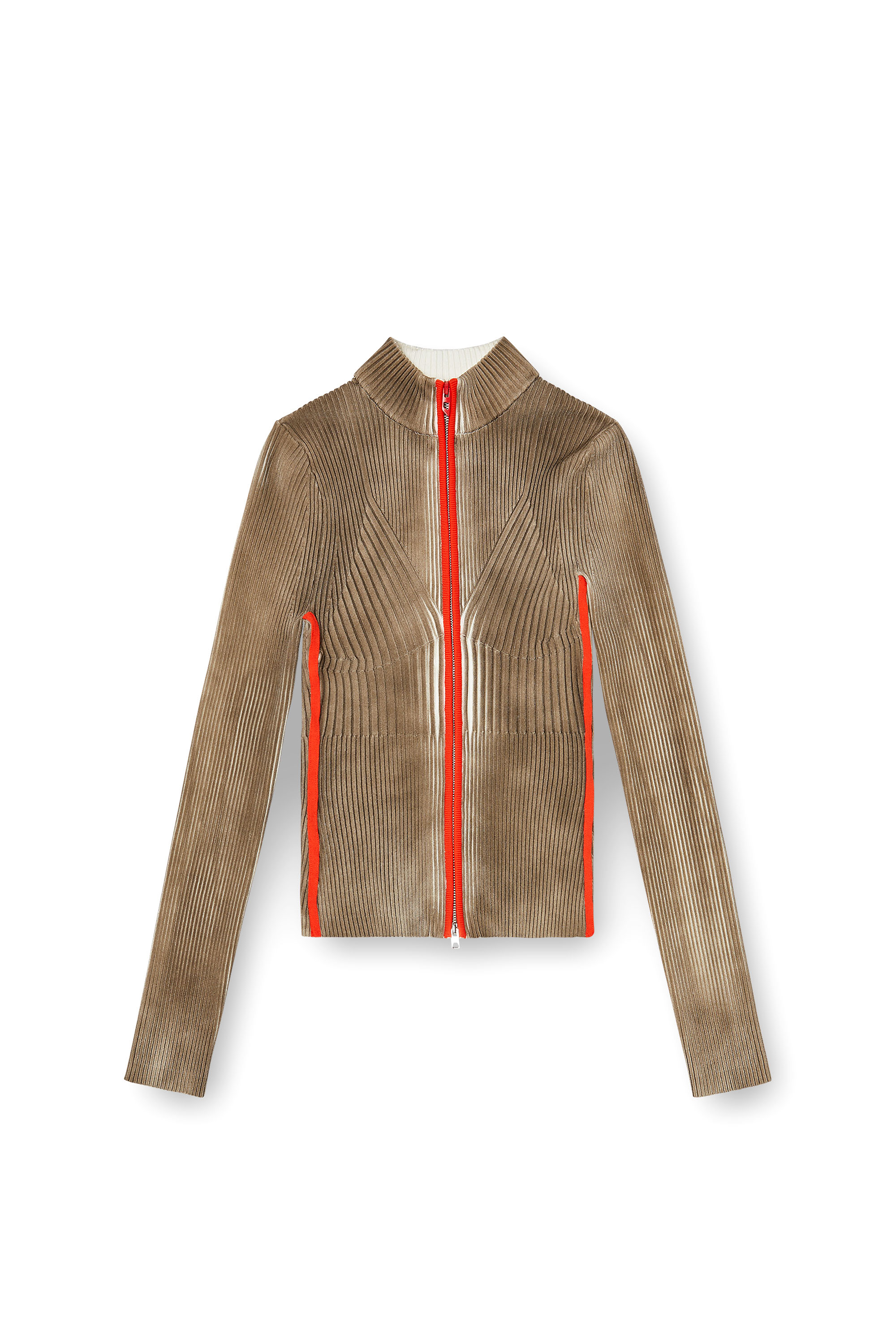 Diesel - M-SARMA, Woman's Ribbed zip cardigan with contrast bands in Red/Brown - 3