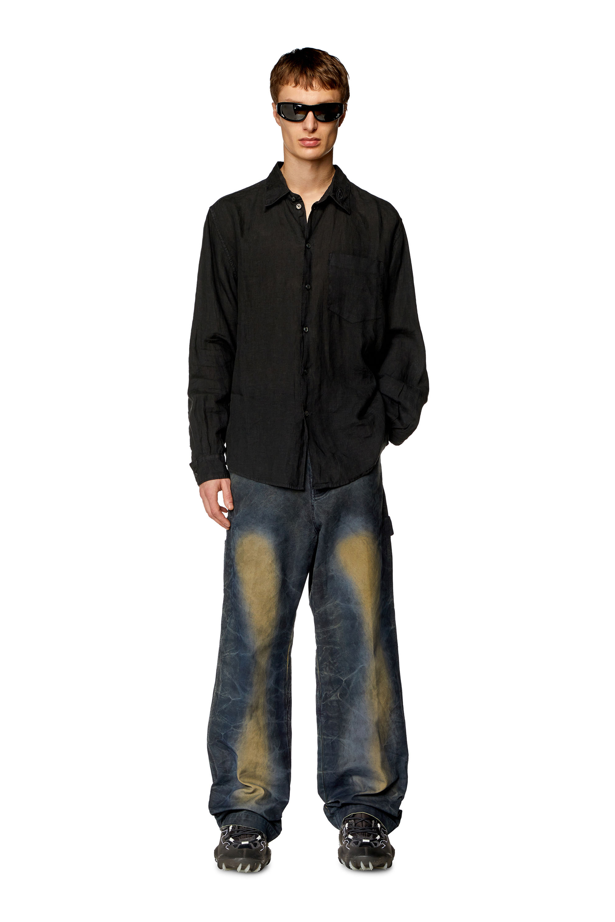 Diesel - S-EMIL, Man Linen shirt with logo collar in Black - Image 2