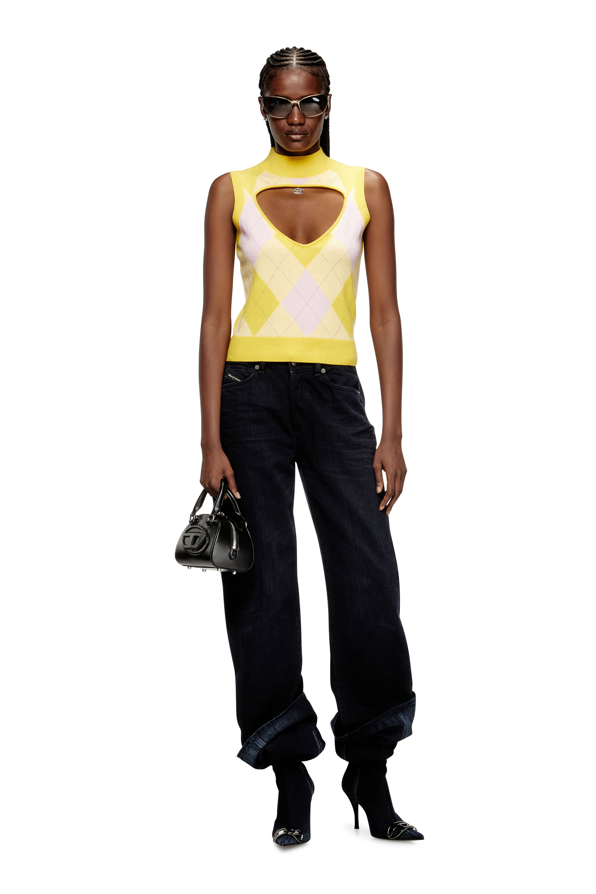 Diesel - M-ROMKO-SL, Woman's Cut-out turtleneck vest in argyle wool in Yellow - 1