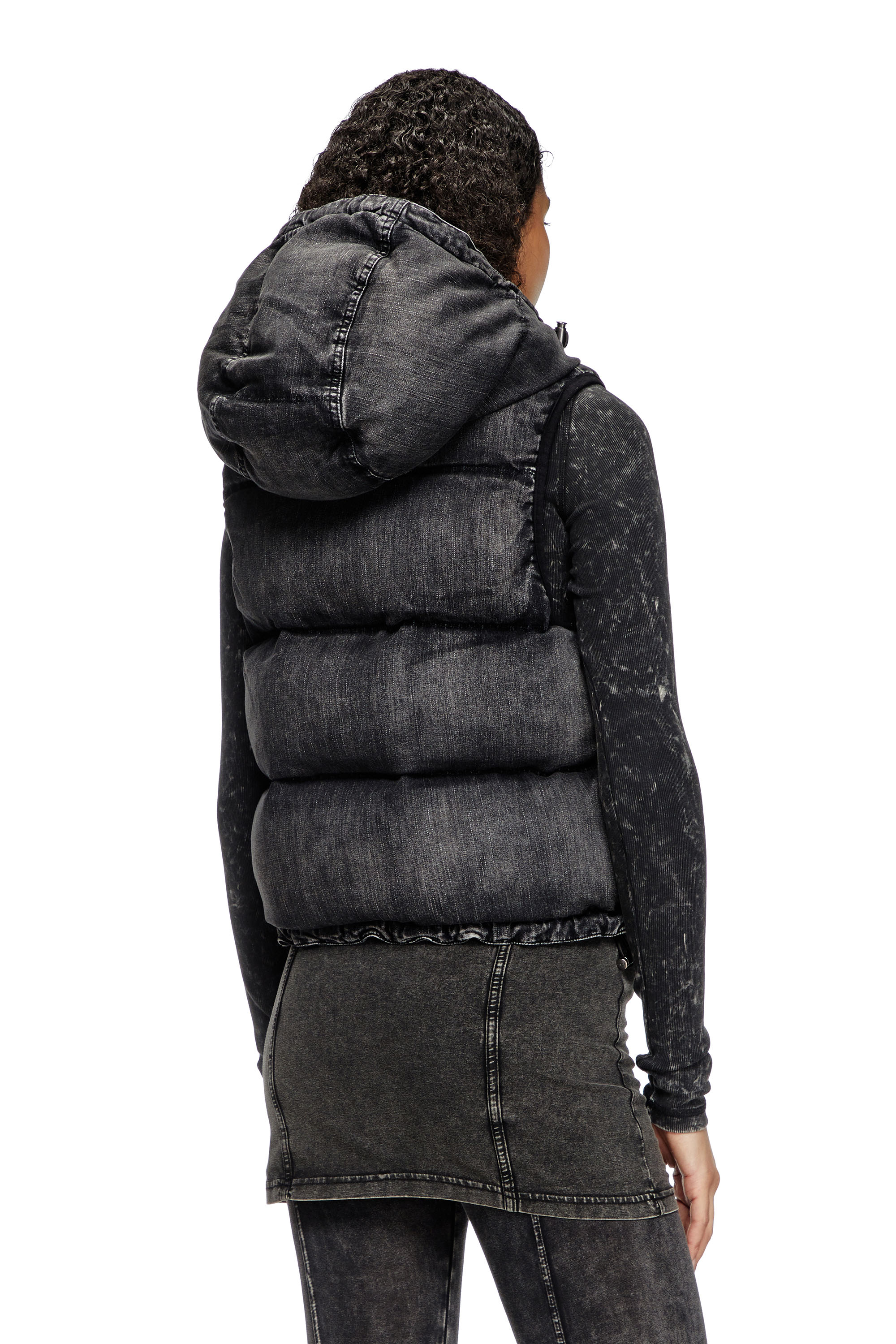 Diesel - W-HOPPER, Woman's Hooded puffer vest in faded denim in Black - 4