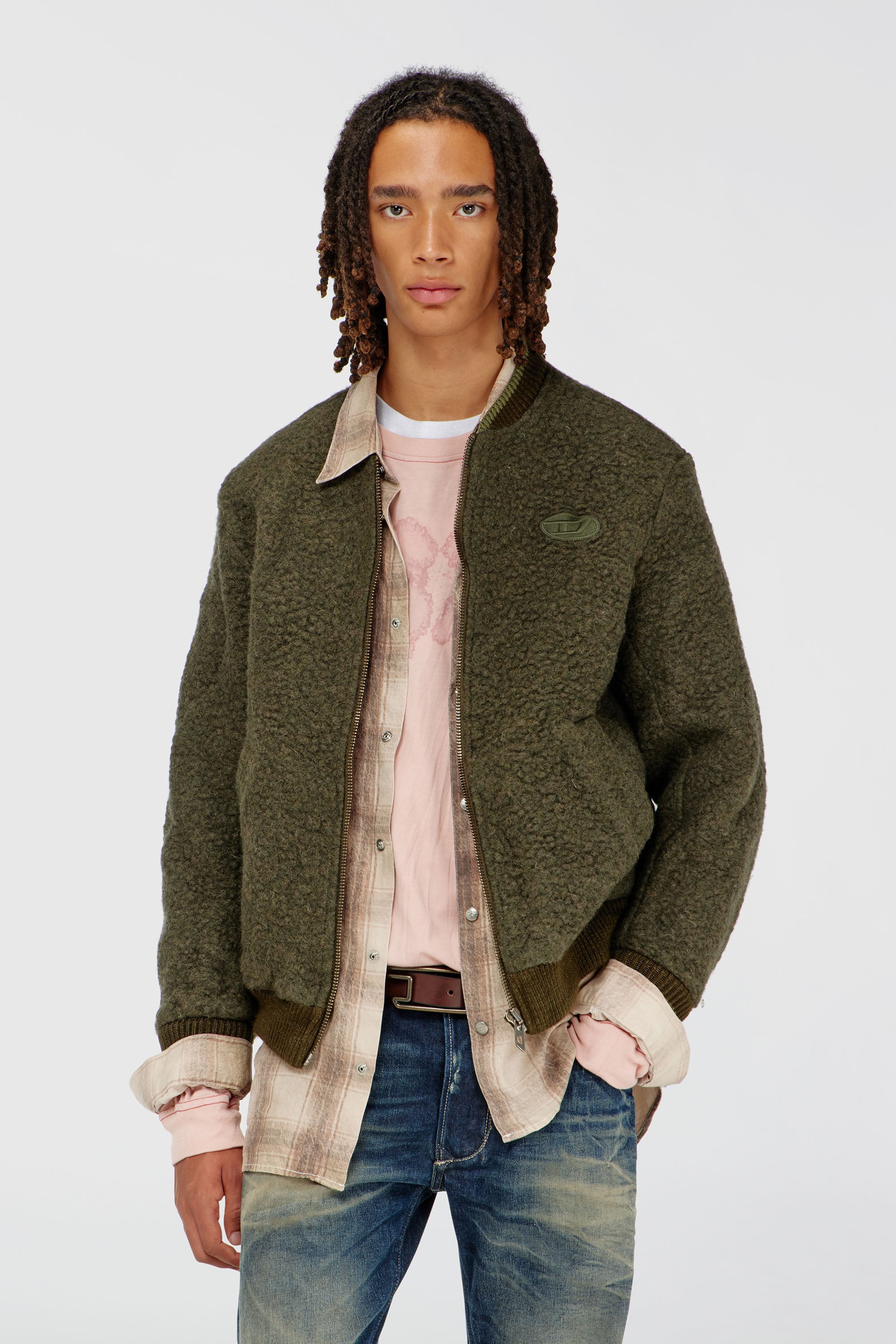 Diesel - S-REDS, Man's Whool mix bomber jacket with ribbed trims in Military Green - 1