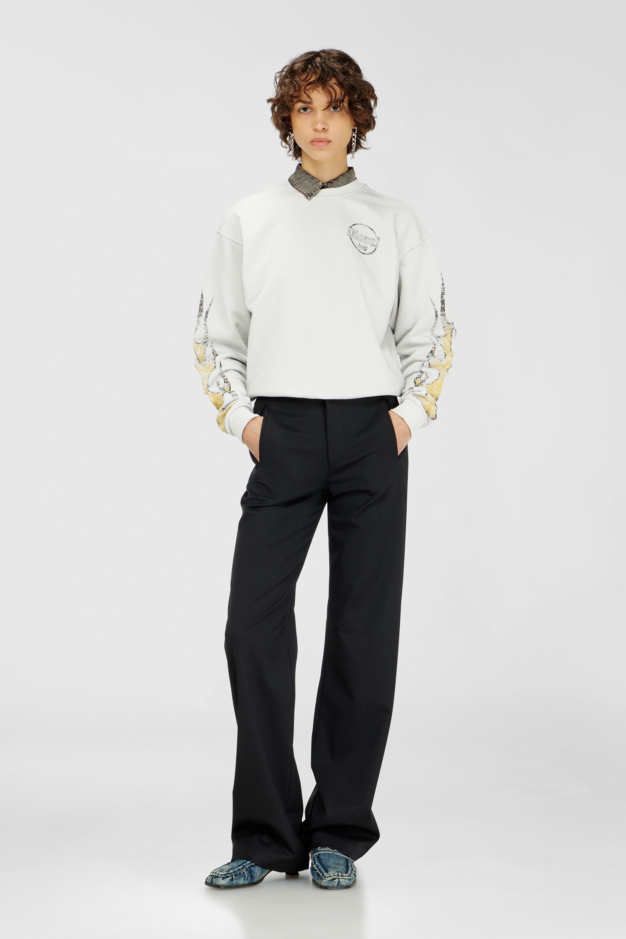 Diesel - F-CREWY-B3, Woman's Drawstring-hem sweatshirt with crack print in White - 1