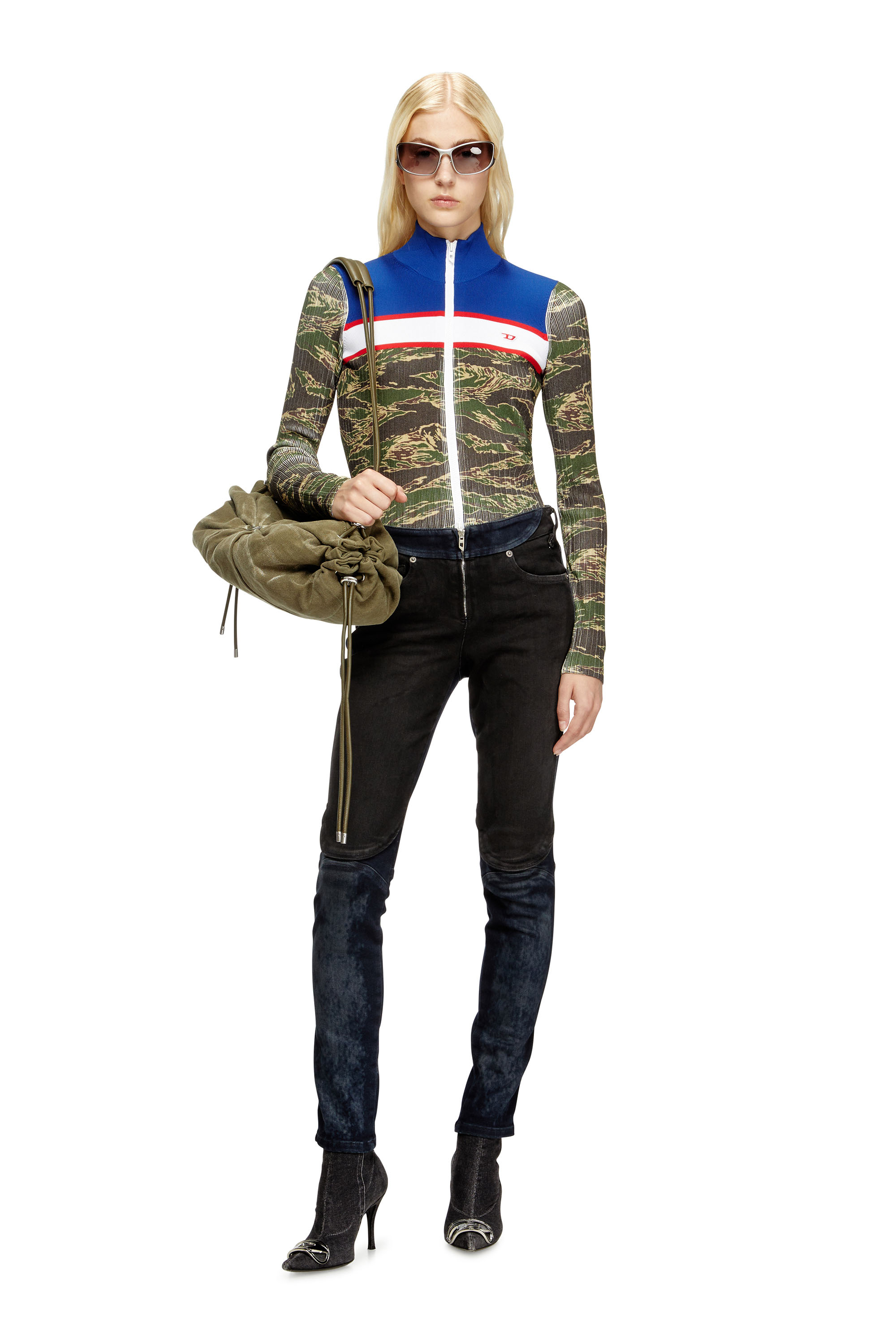 Diesel - M-CAMUT, Woman's Camo zip sweater in ribbed viscose in Blue/Green - 1