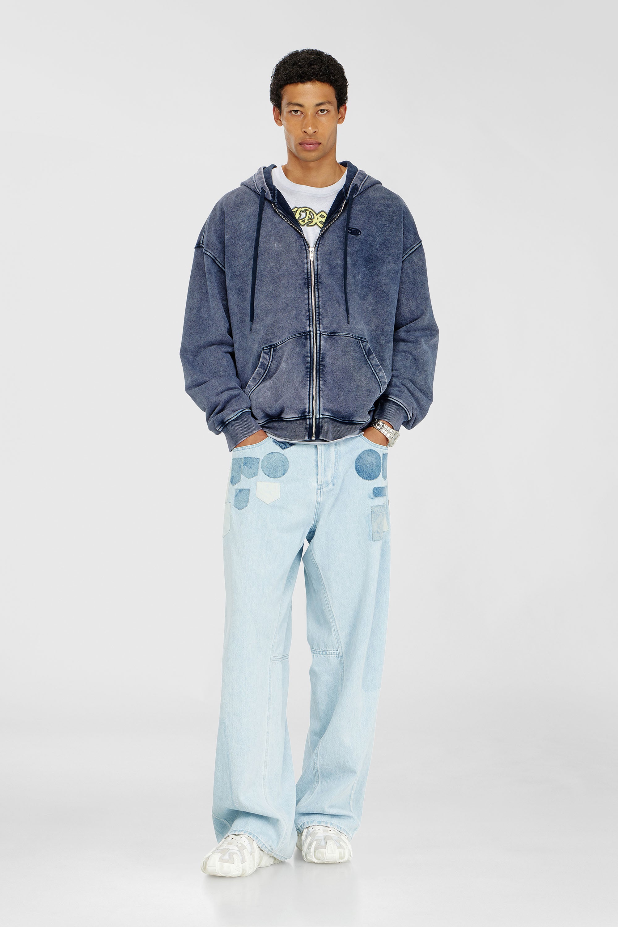 Diesel - S-BOXT-HOOD-ZIP-DEN, Man's Zip-up hoodie in treated cotton fleece in Blue - 1