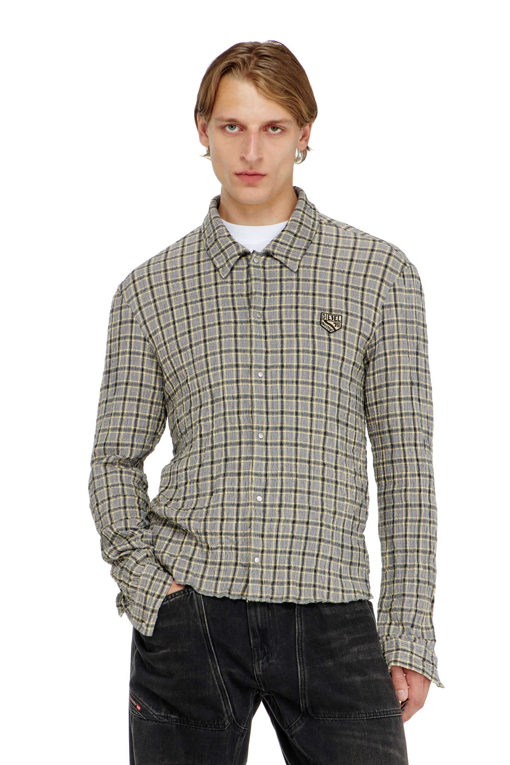 Diesel - S-SEERK, Man's Check shirt with seersucker effect in Green/Grey - 1