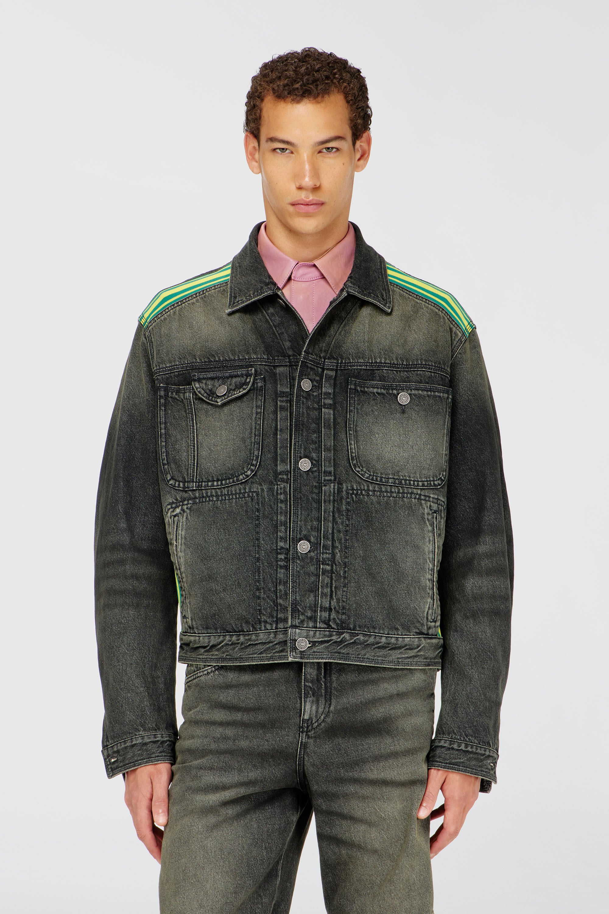 Diesel - D-BAS-FSJ1, Man's Trucker jacket with striped shoulder bands in Dark grey - 2