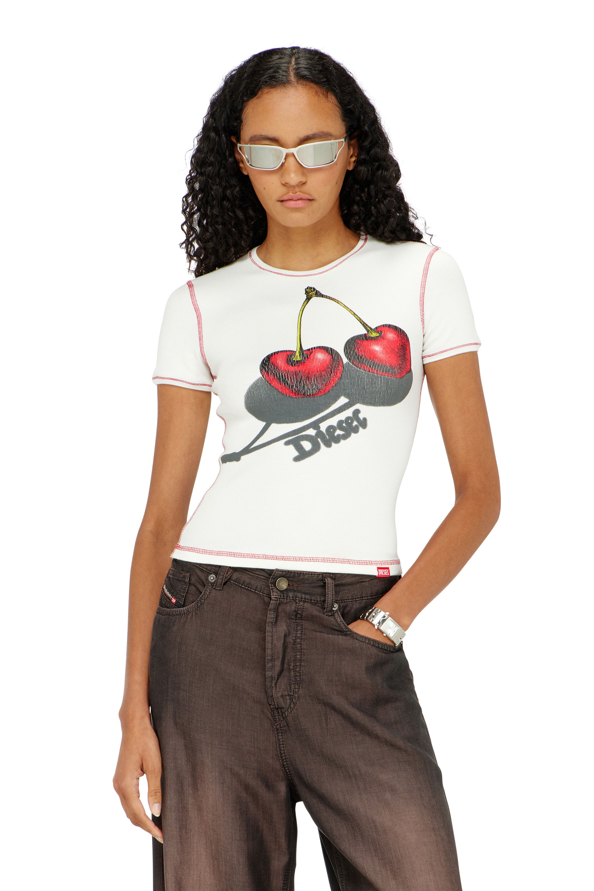 Diesel - SV-T-ELE-CHER, Woman's Slim cotton T-shirt with cherry print in White - 1