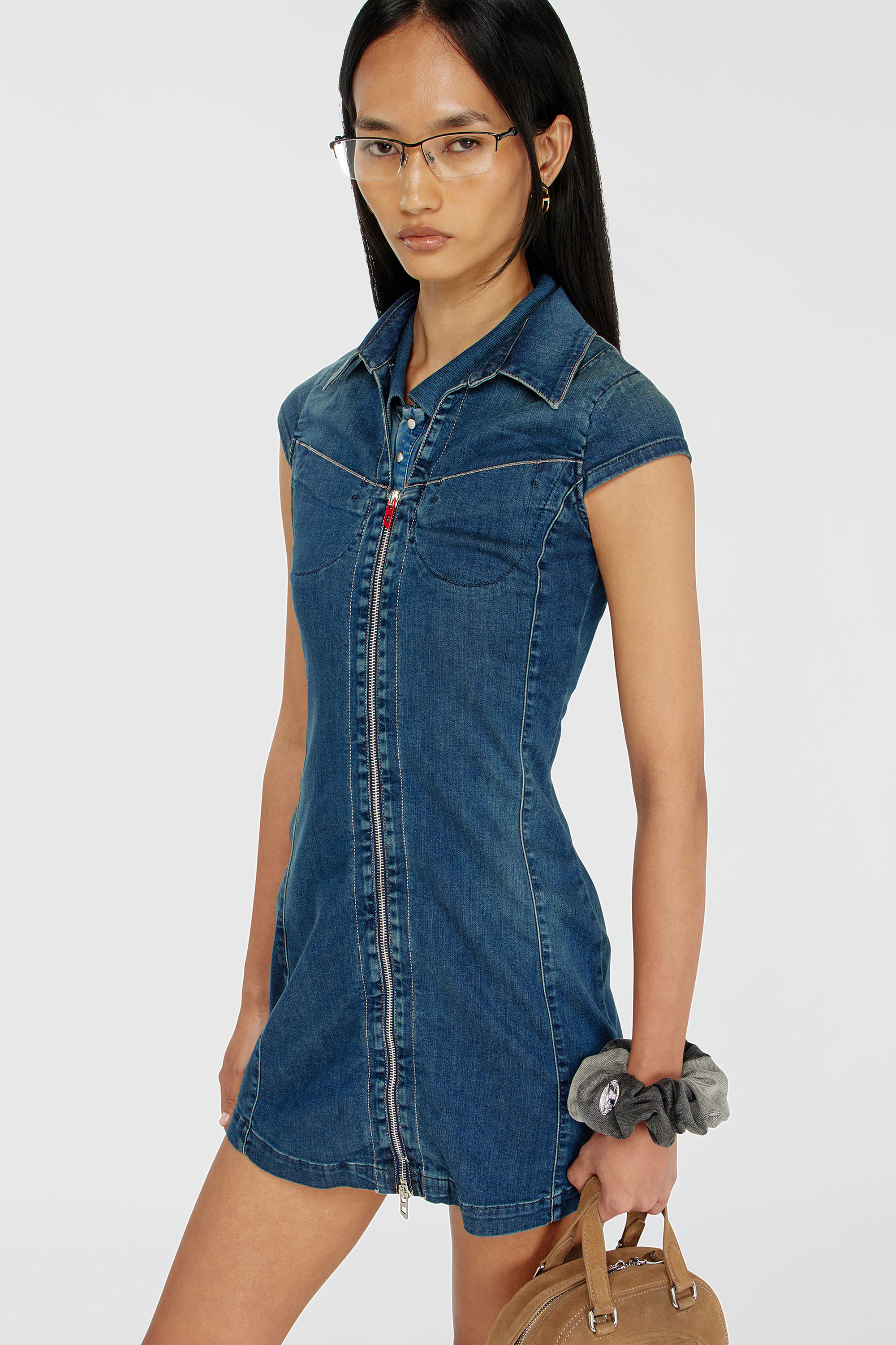 Diesel - DE-LORVYN-S, Woman's Denim shirt dress with full zip in Medium blue - 5