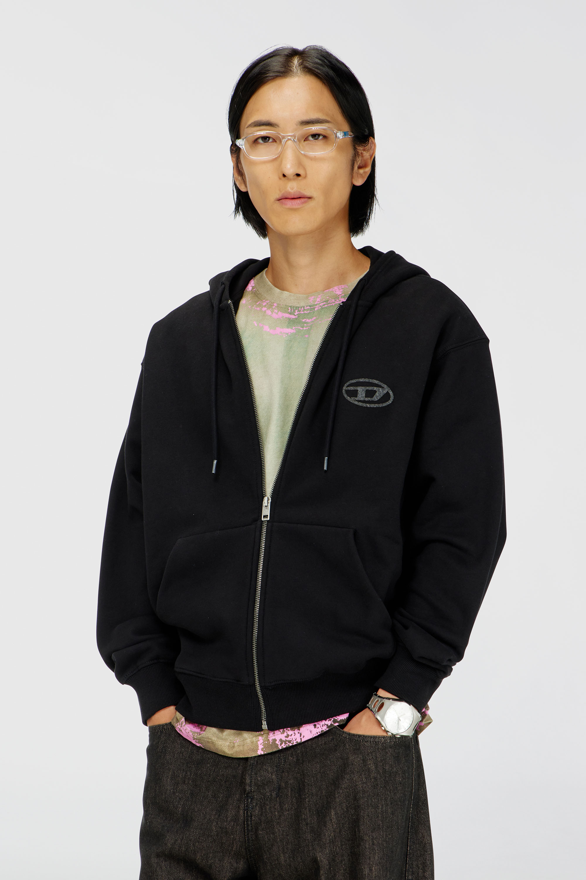 Diesel - S-LUK-HZ-T92, Man's Cotton hoodie with tonal Oval D logo embroidery in Black - 3