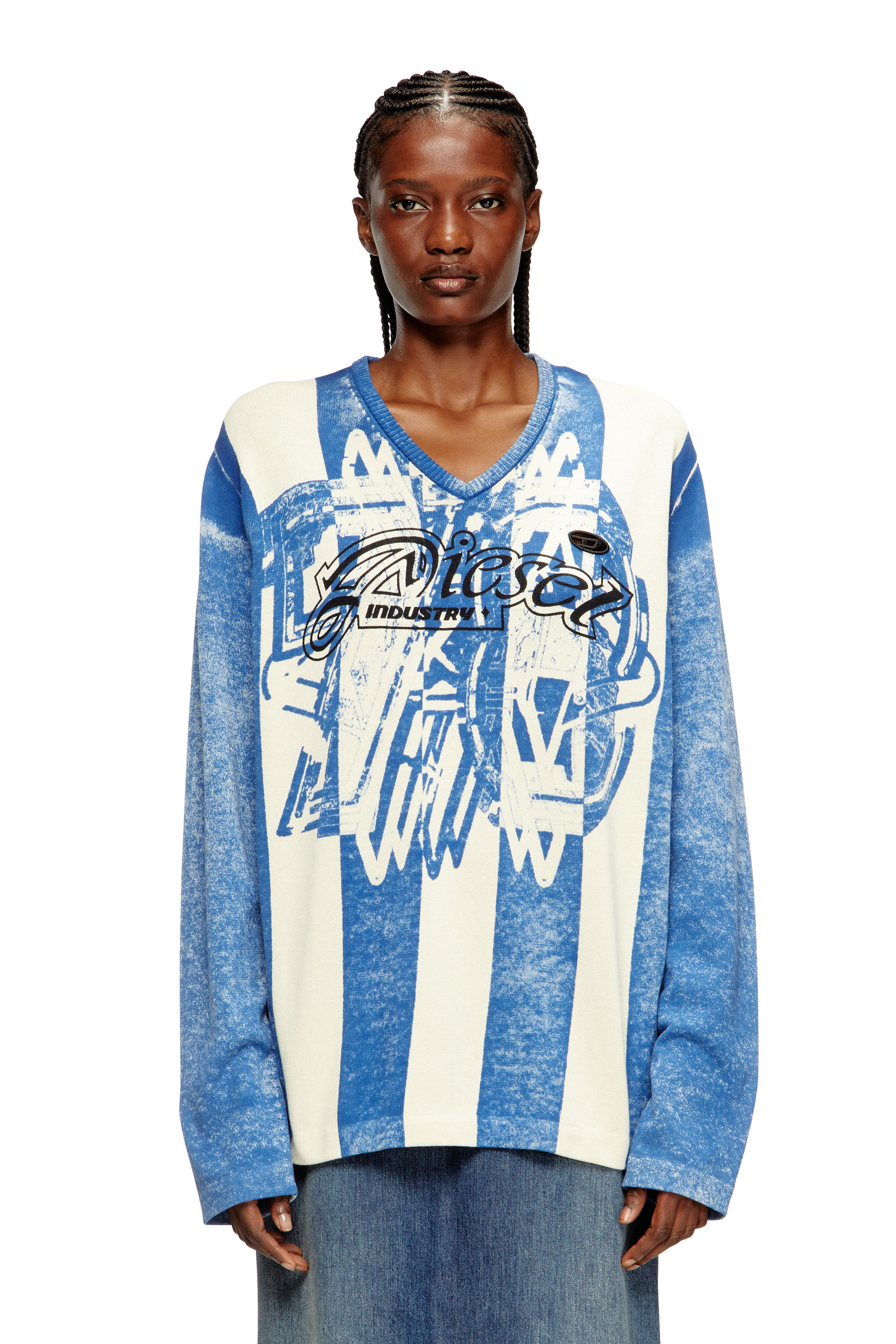 Diesel - K-OLIBA-V, Unisex's Inside-print striped jumper in Blue/White - 6