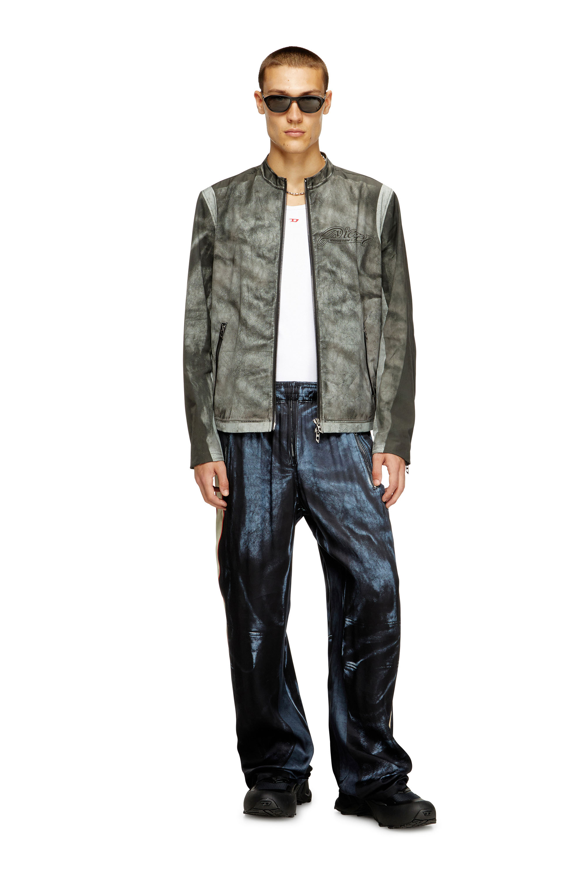 Diesel - J-EVERT, Man's Biker jacket in printed canvas in Dark grey - 1