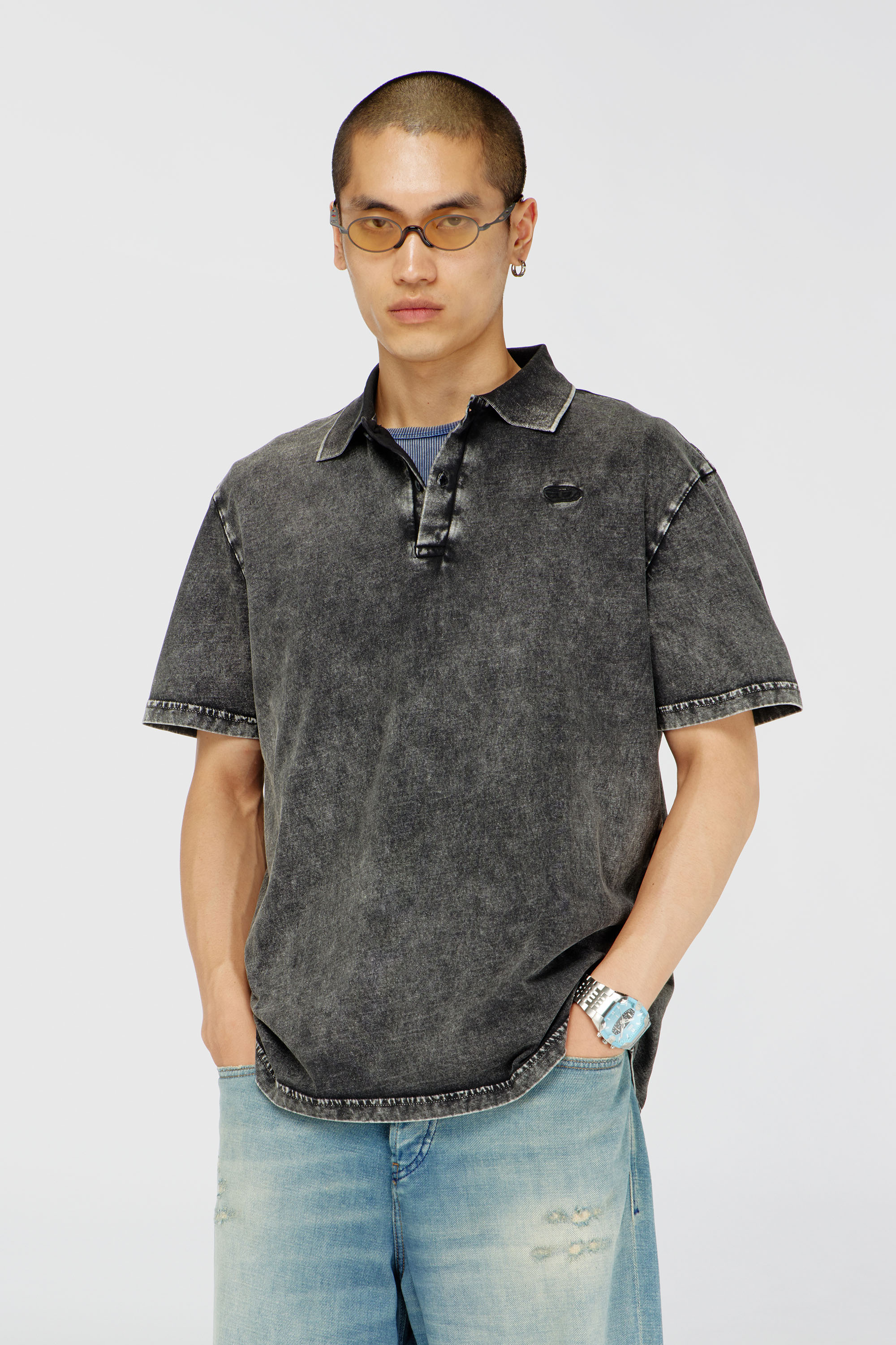 Diesel - T-REJUST-NC-DEN, Man's Polo shirt in denim-effect jersey in Dark grey - 3